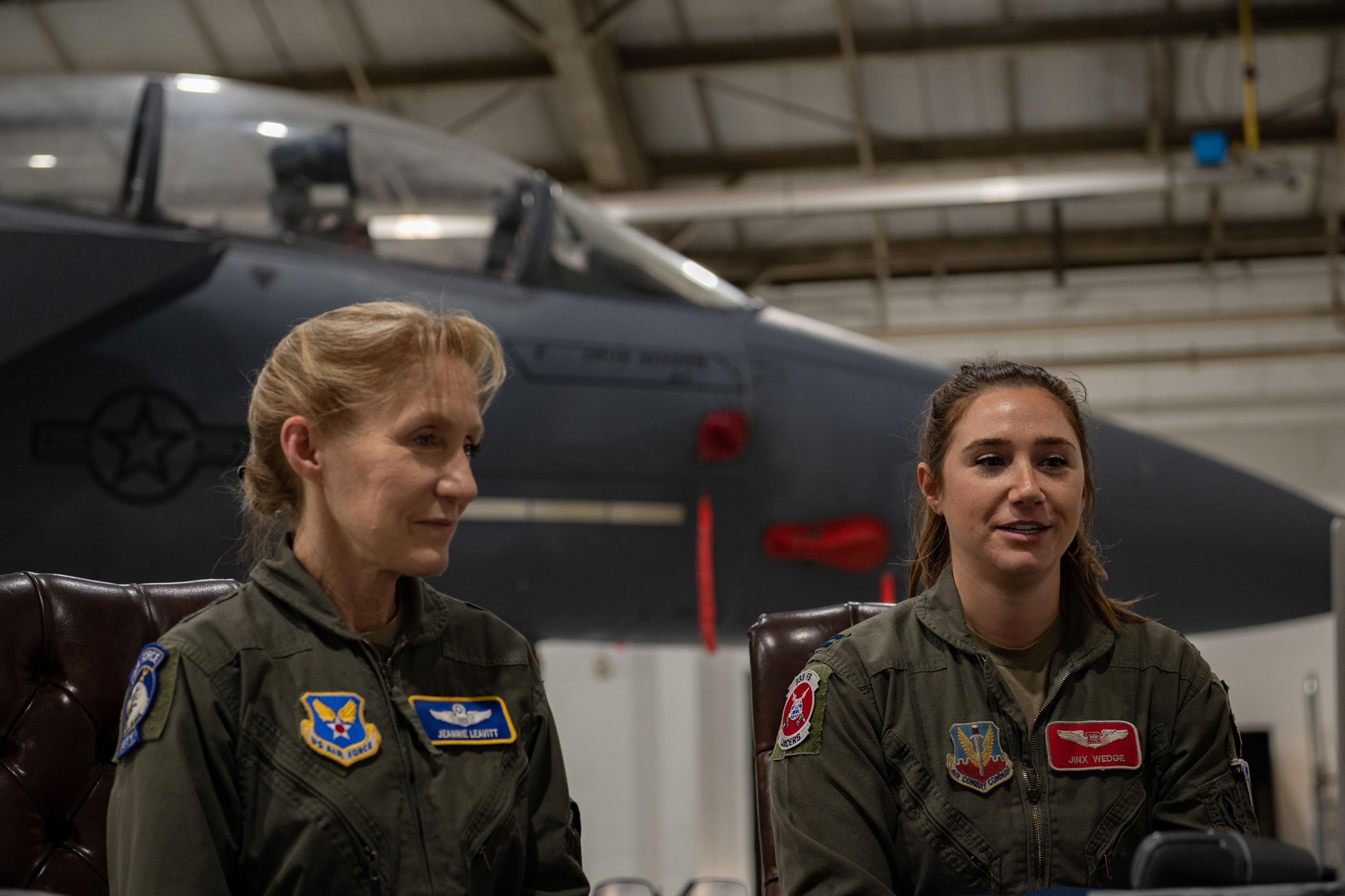 Major General Jeannie Leavitt (left), the U.S. Air Force's first female fighter pilot, with Captain Nicole "Jinx" Wedge (right).