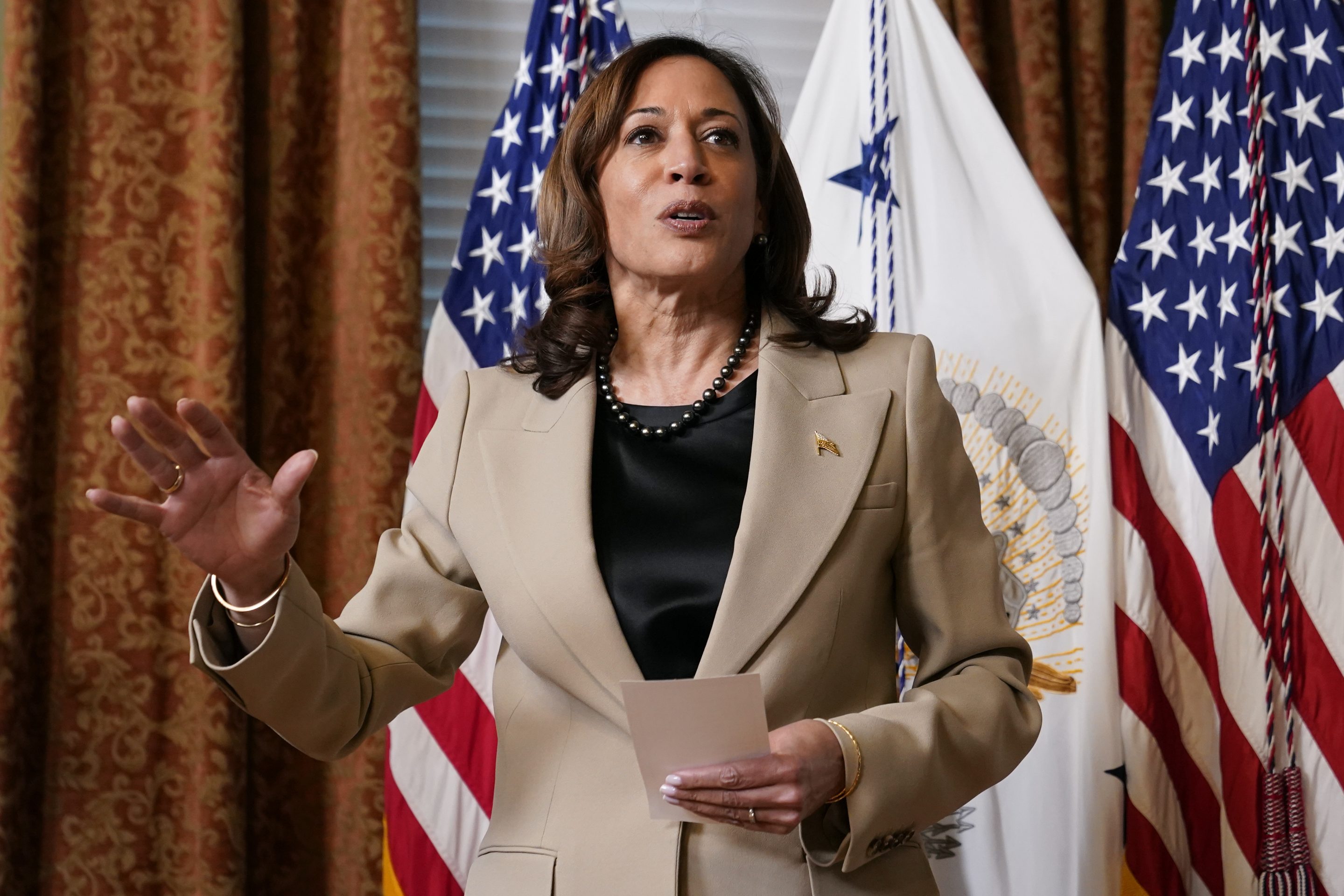 Vice President Kamala Harris speaks during a ceremonial promotion of Jacob Middleton to Brigadier General in the U.S. Space Force in the Eisenhower Executive Office Building on the White House campus, Tuesday, April 4, 2023, in Washington.