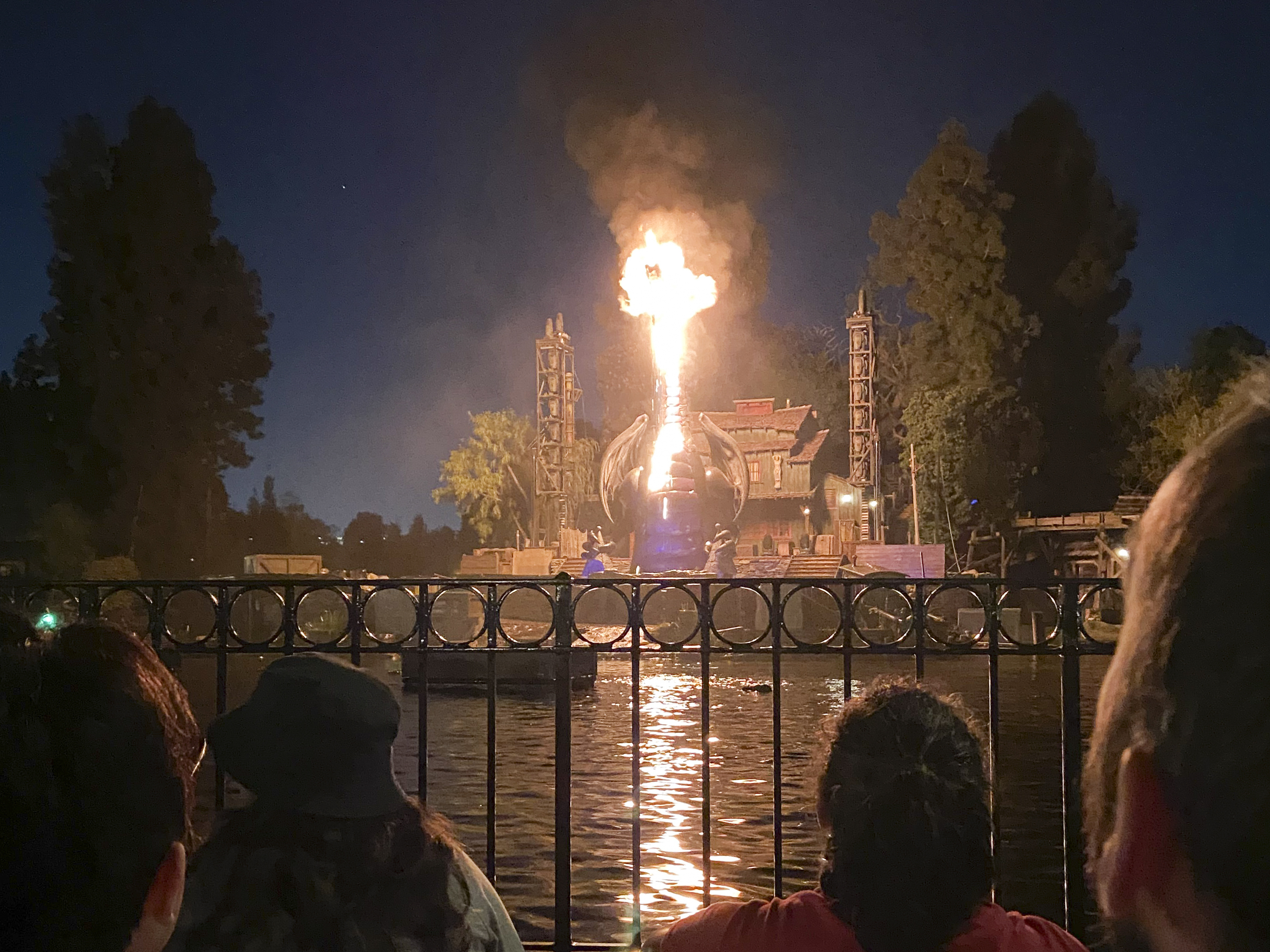 A fire during the “Fantasmic" show in the Tom Sawyer Island section of Disneyland resort in Anaheim, Calif., on April 22, 2023.