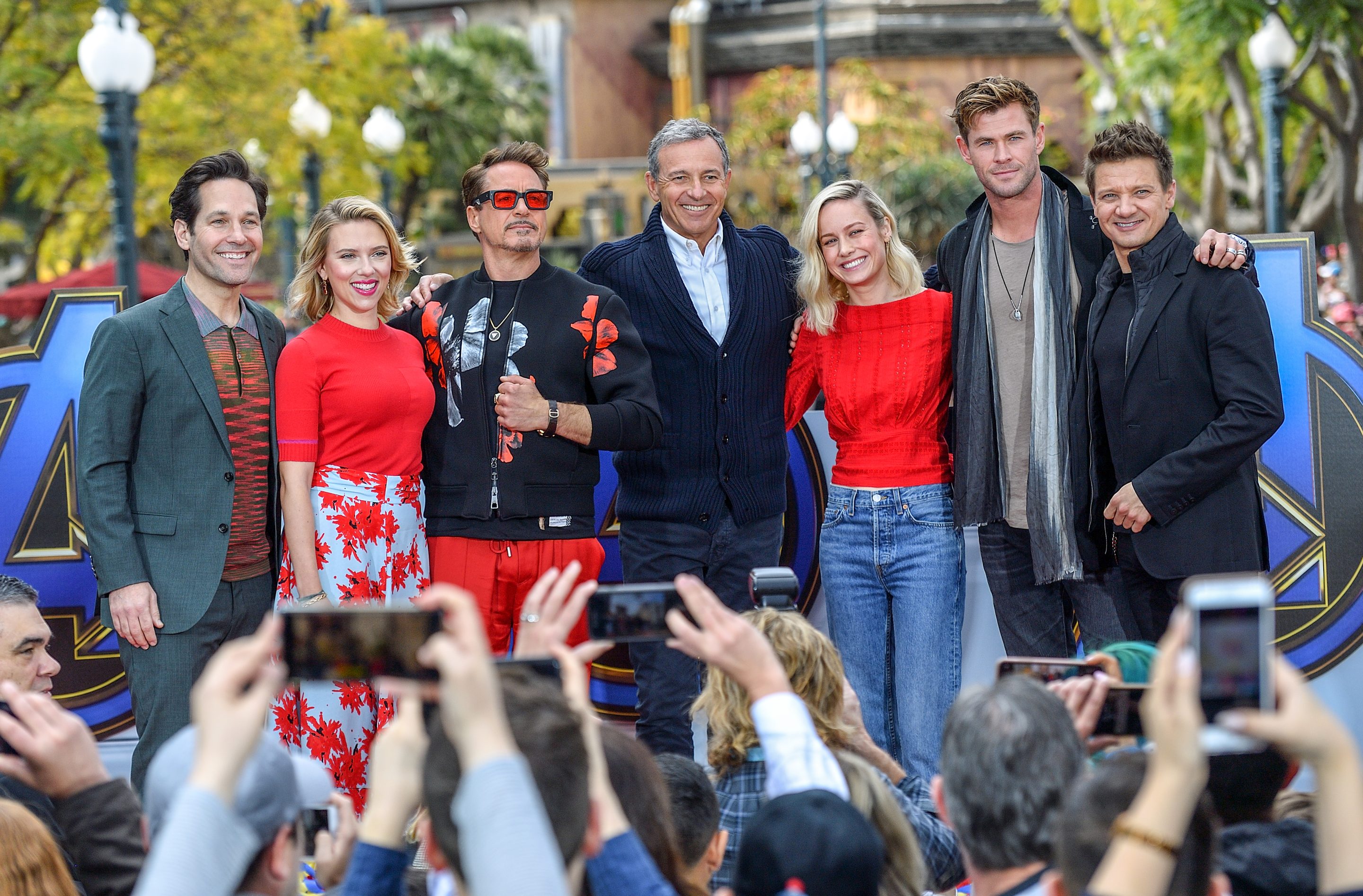 Disney CEO Bob Iger at a lavish Marvel media event with Paul Rudd (Antman), left, Scarlett Johansson (Black Widow), Robert Downey, Jr (Ironman), Brie Larson (Captain Marvel), Chris Hemsworth (Thor) and Jeremy Renner (Hawkeye)