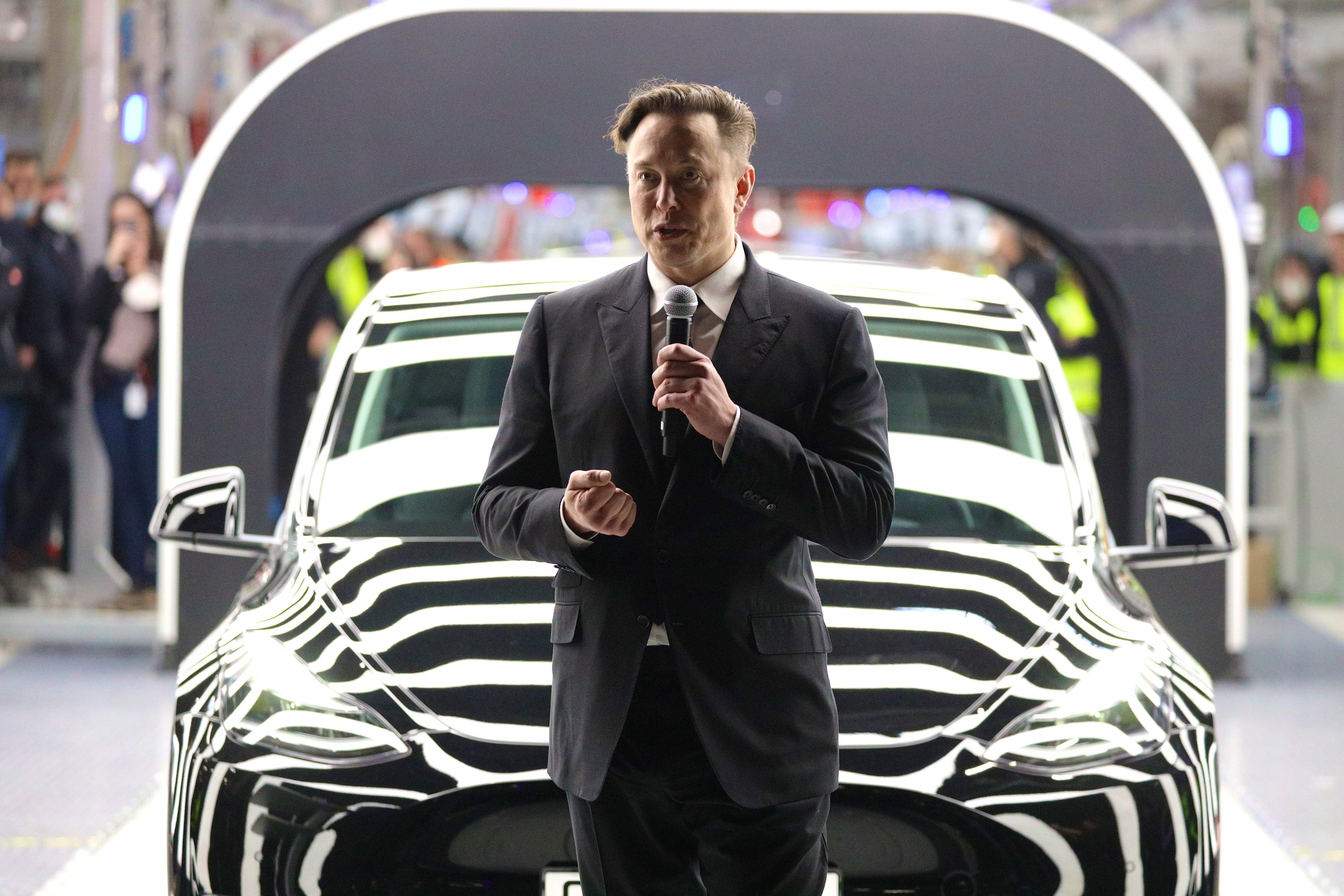 Tesla CEO Elon Musk at a presentation at a Tesla factory in Germany