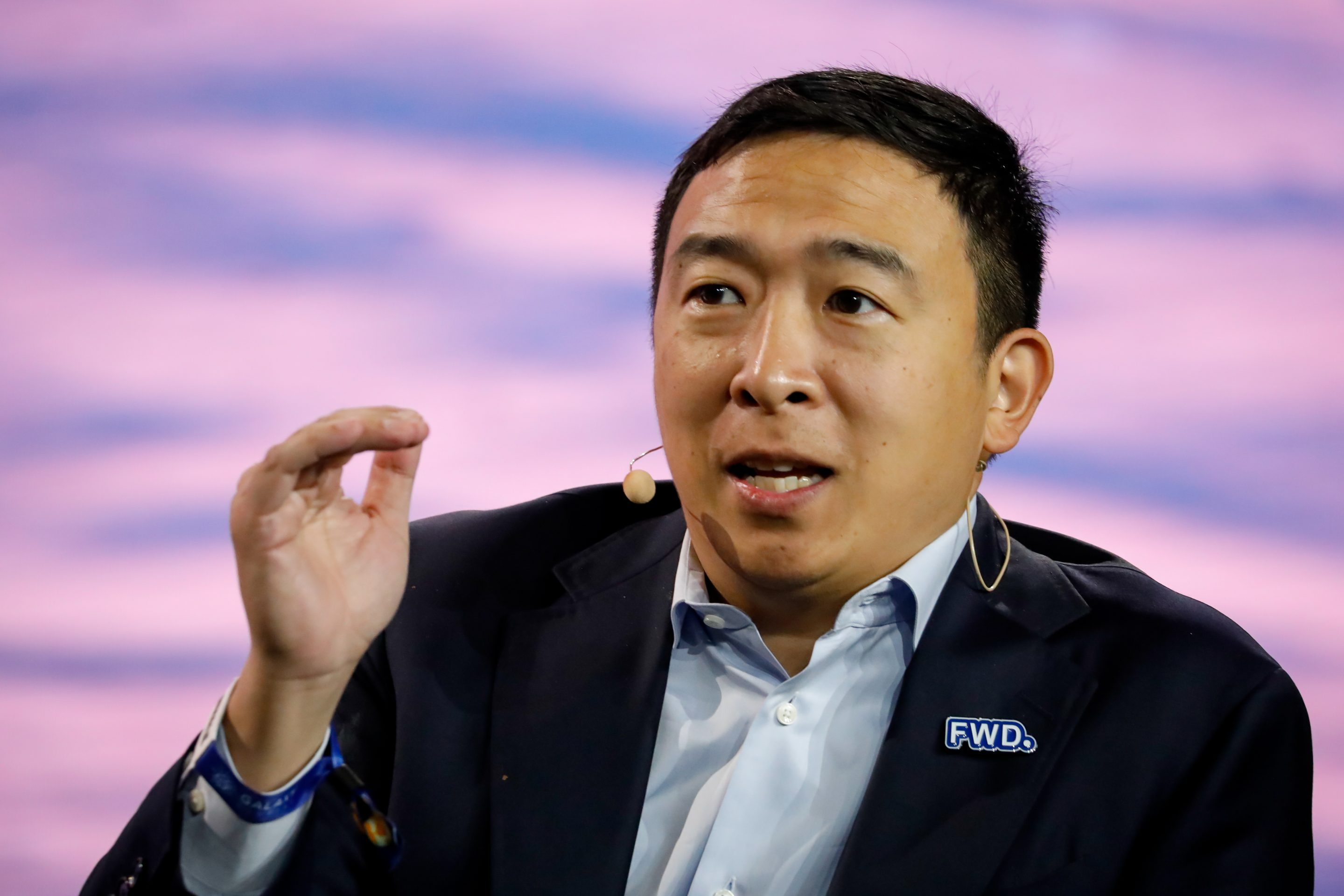Andrew Yang, founder of Venture for America, speaks during the Bitcoin 2022 conference in Miami.