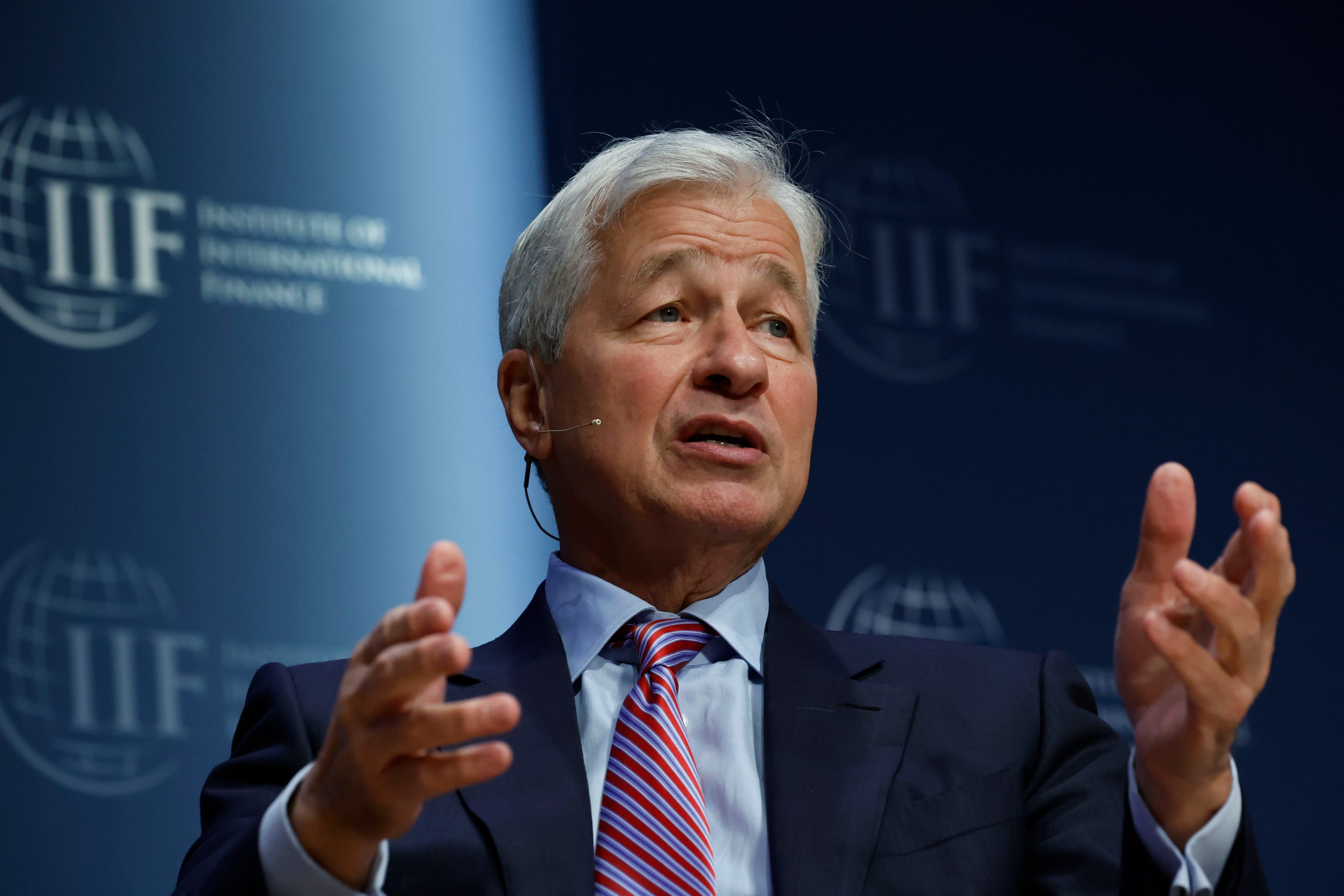 Jamie Dimon, chairman and chief executive officer of JPMorgan Chase & Co., speaks during the Institute of International Finance (IIF) annual membership meeting in Washington, DC on Oct. 13, 2022. 