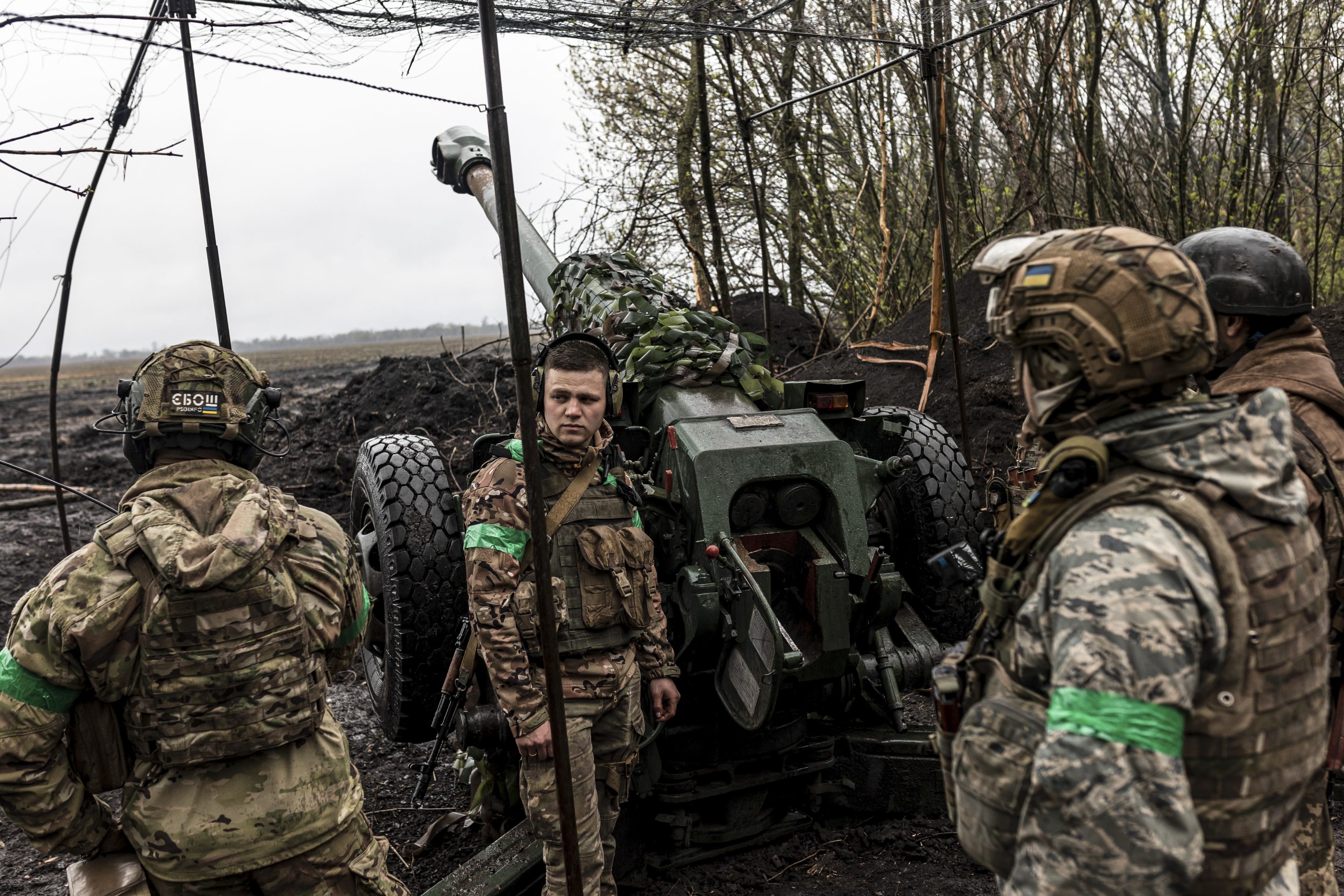 Ukrainian soldiers of the 80th brigade prepare for firing at their artillery position in the direction of Bakhmut as Russia- Ukraine war continues in Donetsk Oblast, Ukraine on April 13, 2023.