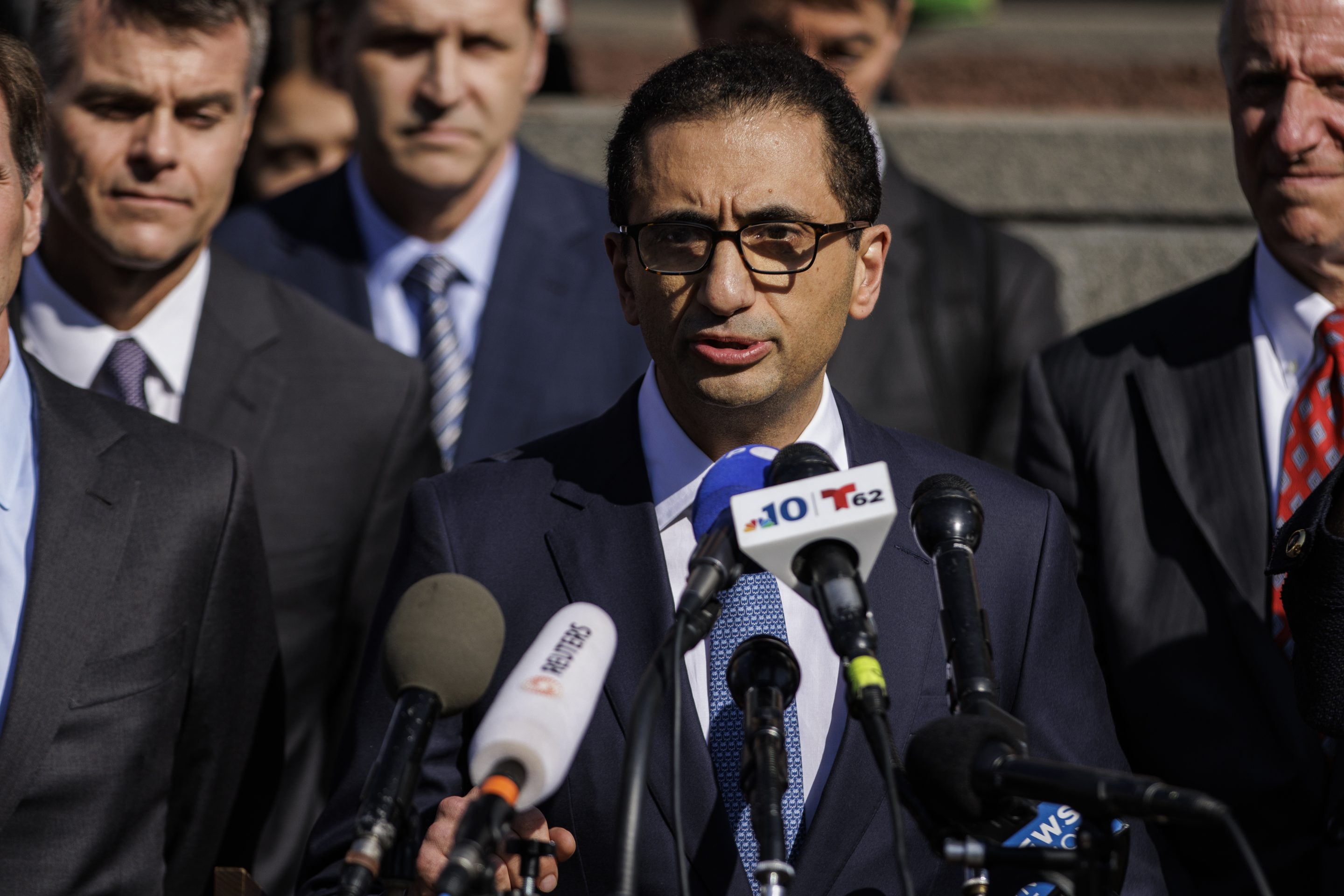Hootan Yaghoobzadeh, co-founder of Staple Street Capital, during a news conference outside Delaware Superior Court in Wilmington, Del., on April 18, 2023. 