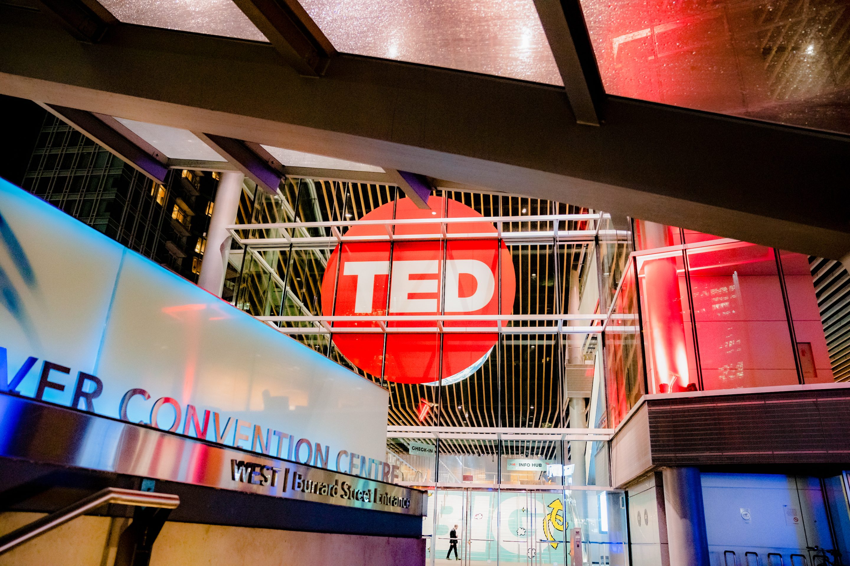 The TED logo stands outside of the Vancouver Convention Center at TED2019 - Bigger Than Us on April 18, 2019 in Vancouver, Canada.
