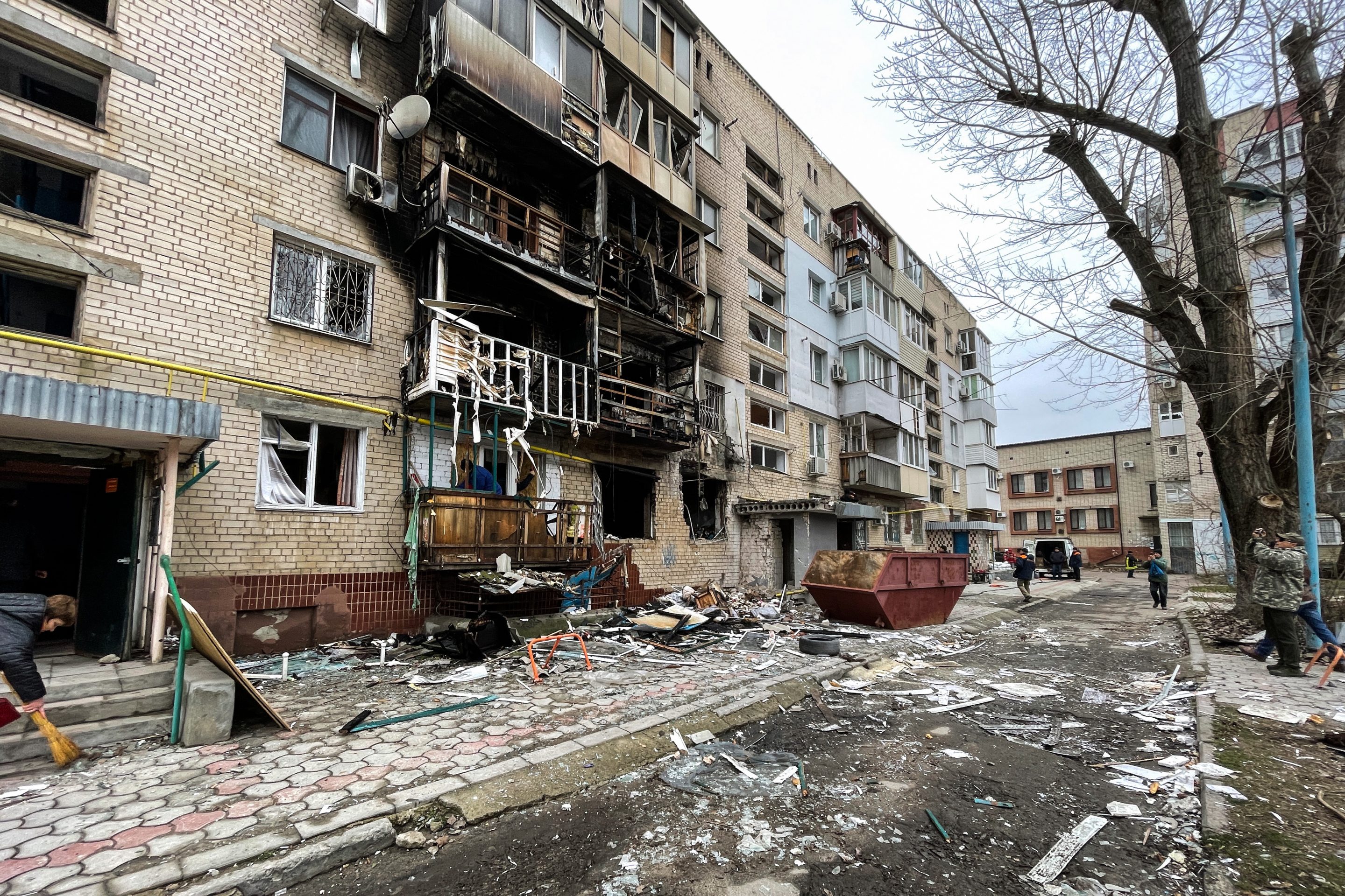 A residential building stands heavily damaged by a shelling on January 16, 2023 in Kherson, Ukraine.
