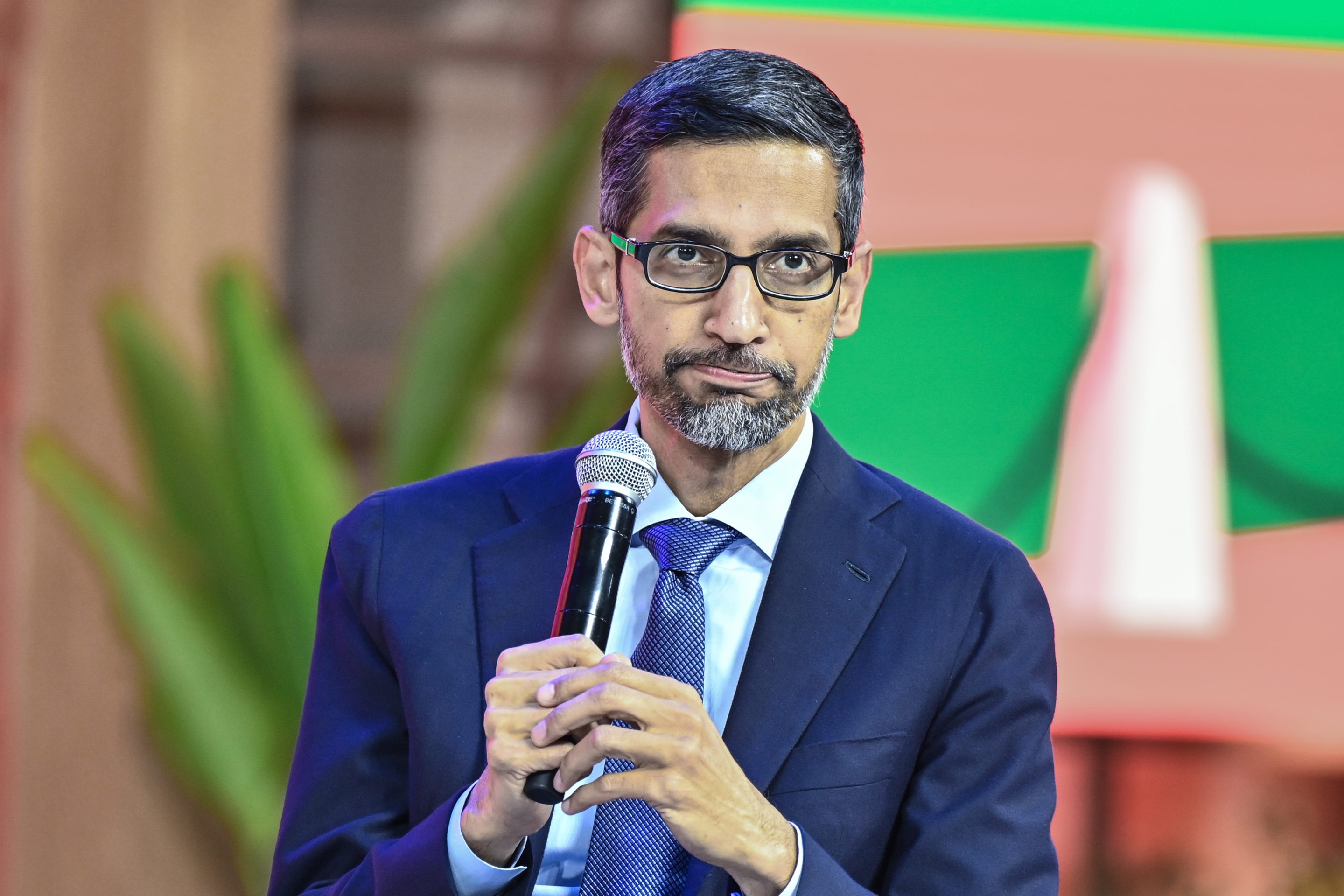 Google CEO Sundar Pichai speaks during a Google for India event in New Delhi on Dec. 19, 2022.