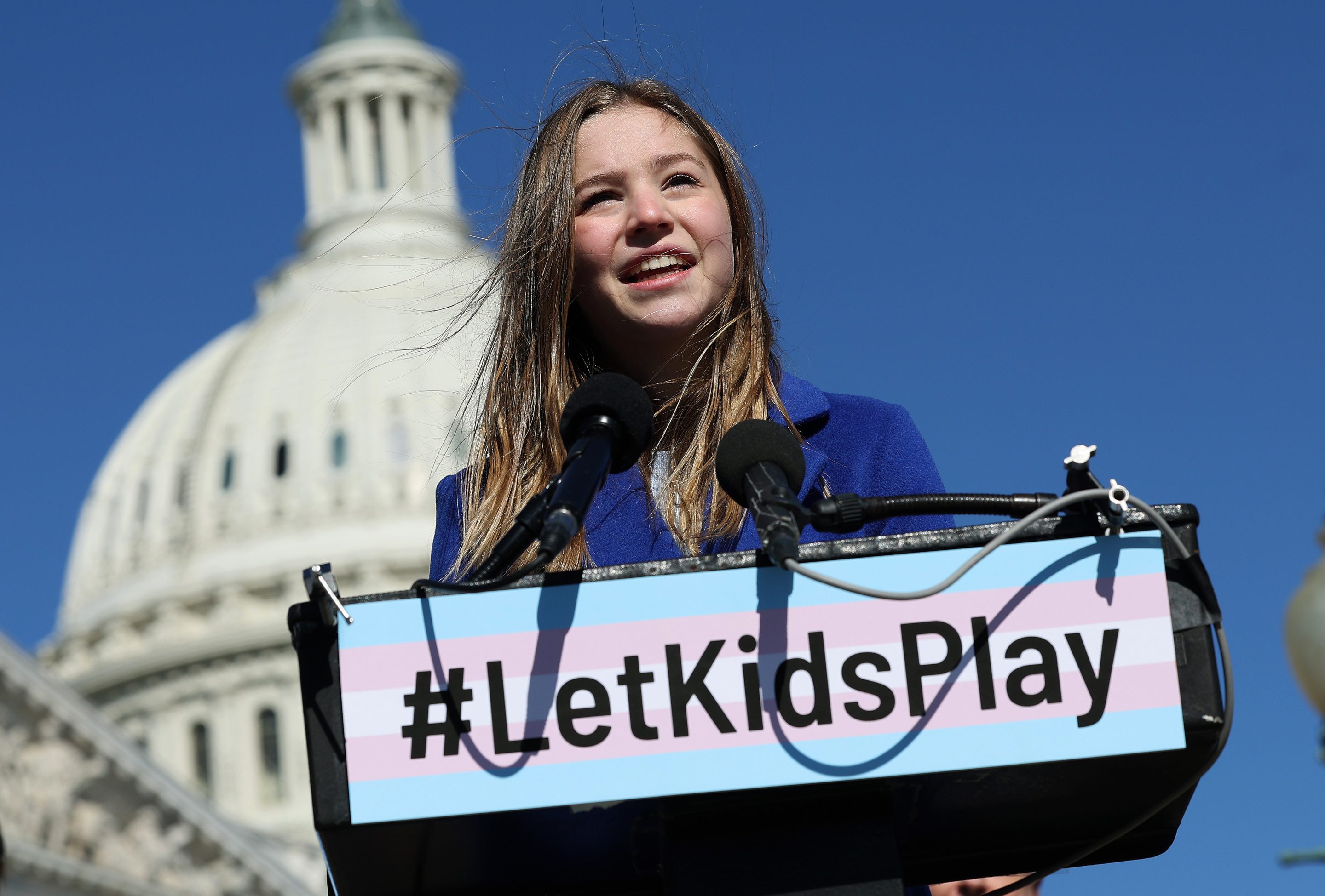 Rebekah Bruesehoff, a transgender student athlete, speaks at a press conference on LGBTQI+ rights, at the U.S. Capitol in March 2023