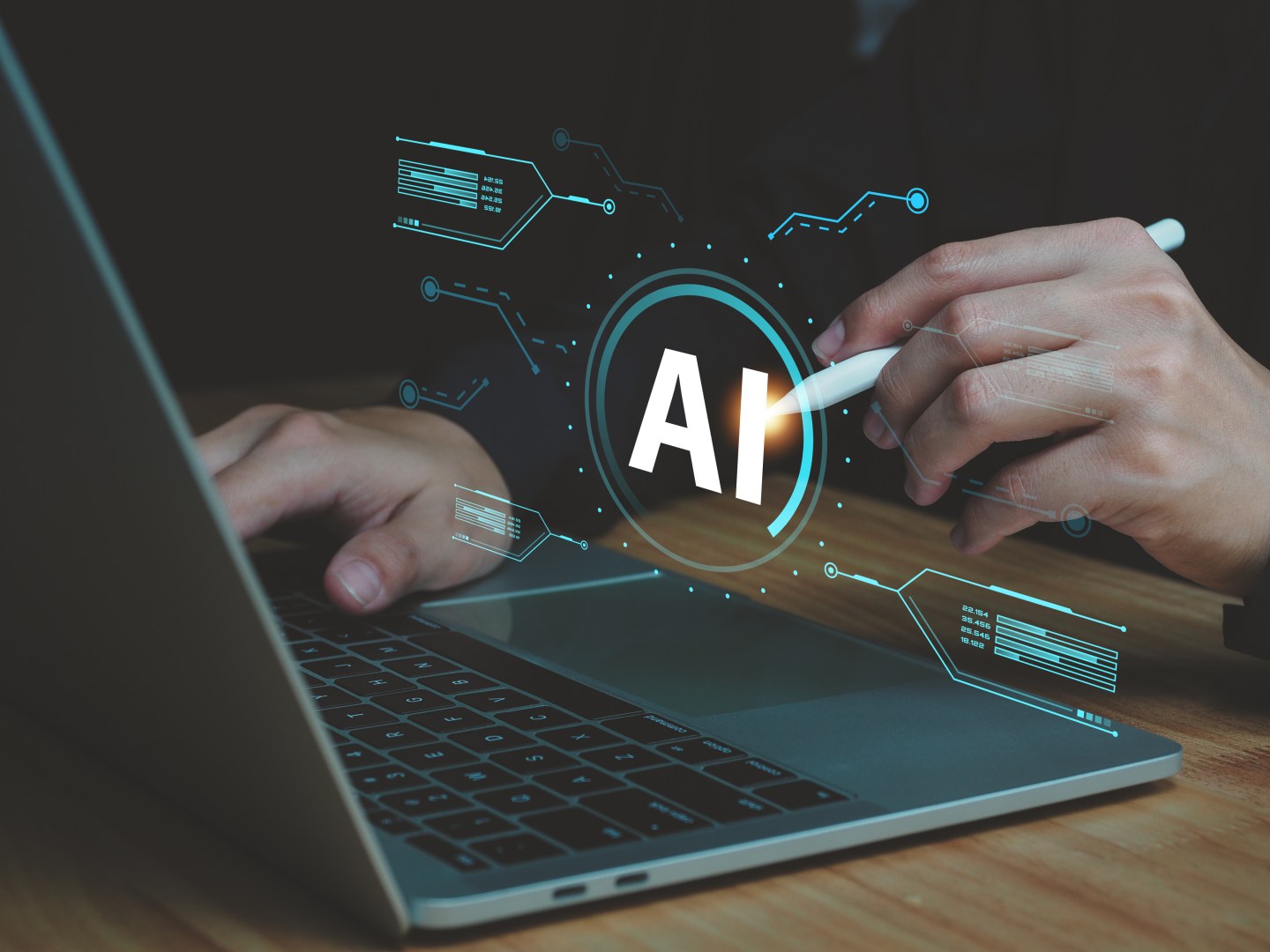 Artificial intelligence AI Businessman using laptop computer pen future technology at work
