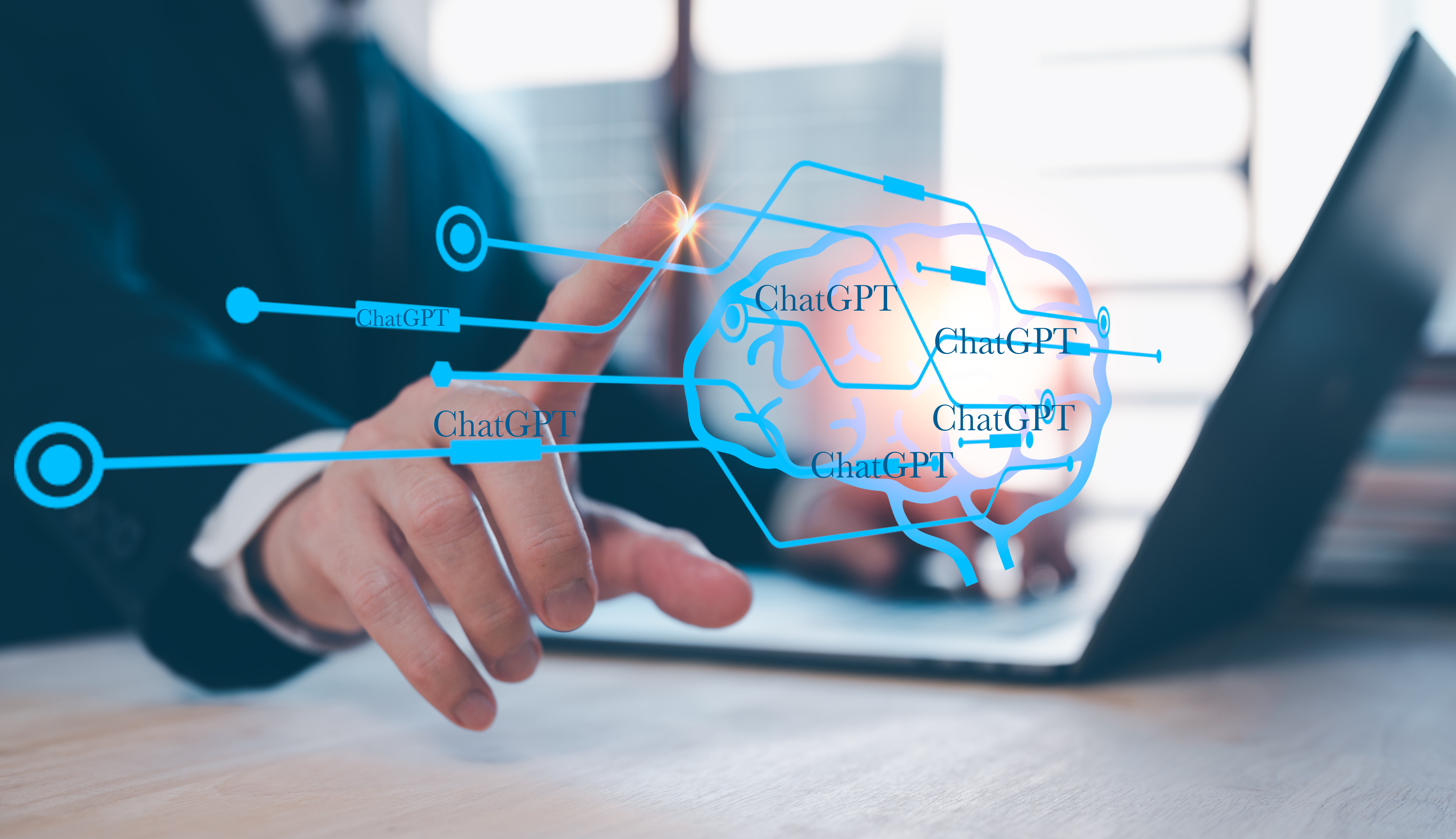 ChatGPT Chat with AI or Artificial Intelligence. businessman chatting with a smart AI or artificial intelligence using an artificial intelligence chatbot developed by OpenAI.