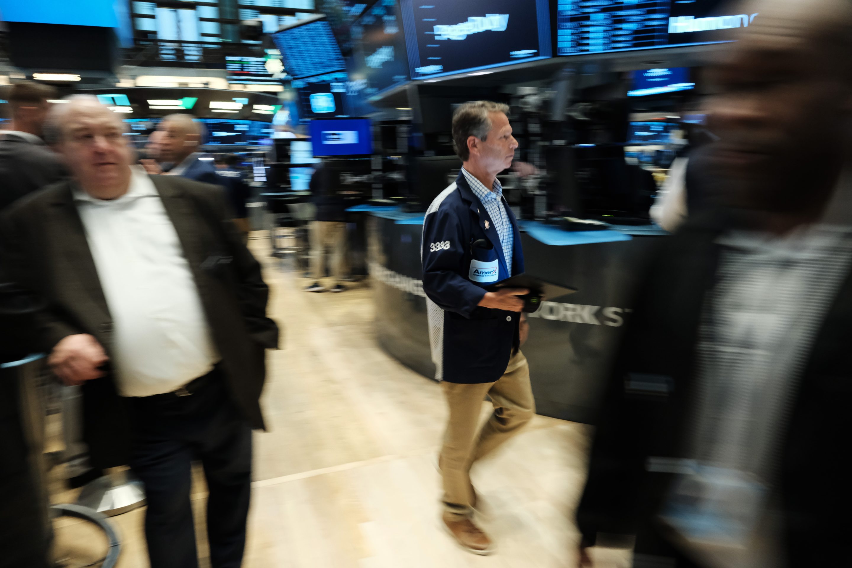 Traders work on the floor of the New York Stock Exchange (NYSE) on April 21, 2023 in New York City.