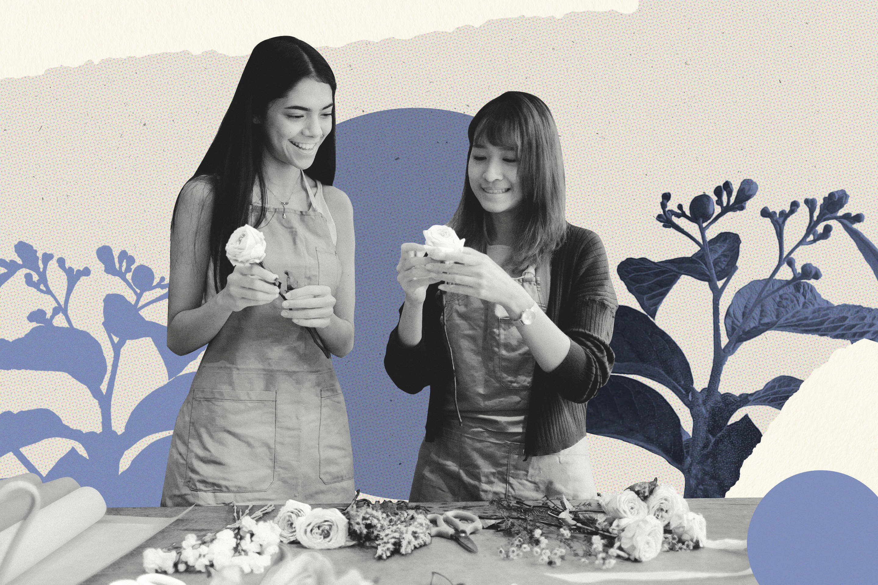 Photo of two women smiling making flower bouquets.