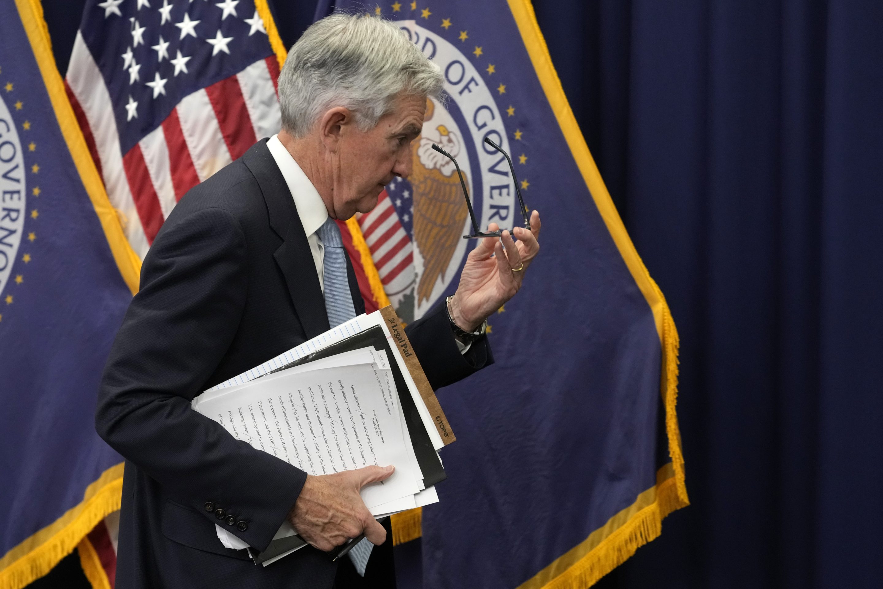 Federal Reserve Board Chair Jerome Powell walks from the podium after speaking at a news conference at the Federal Reserve, on March 22, 2023, in Washington.