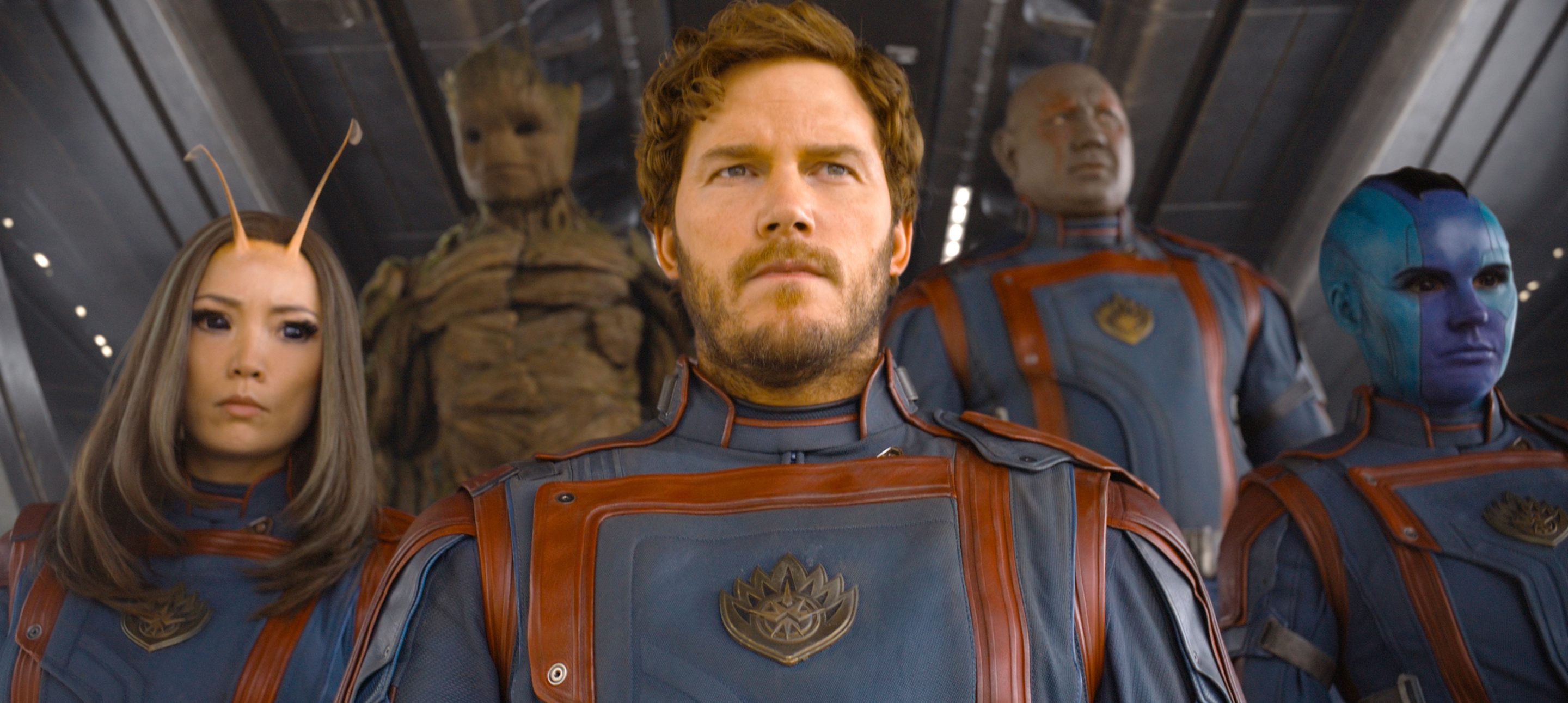 This image released by Marvel Studios shows, from left, Pom Klementieff as Mantis, Groot (voiced by Vin Diesel), Chris Pratt as Peter Quill/Star-Lord, Dave Bautista as Drax, Karen Gillan as Nebula in a scene from "Guardians of the Galaxy Vol. 3."