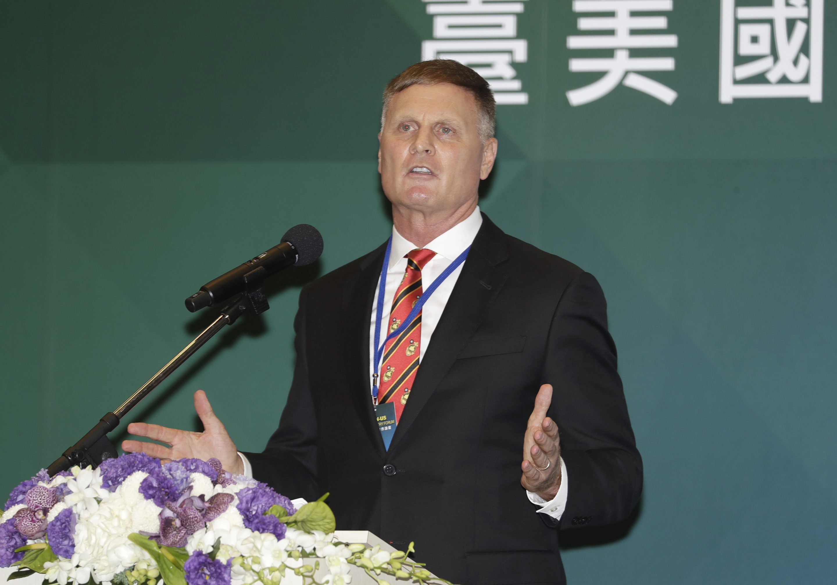 Retired U.S. Marine Corps Lt. Gen. Steven Rudder delivers a speech during the Taiwan-U.S. Defense Industry Forum at the Taipei International Convention Center in Taipei, Taiwan, Wednesday, May 3, 2023.
