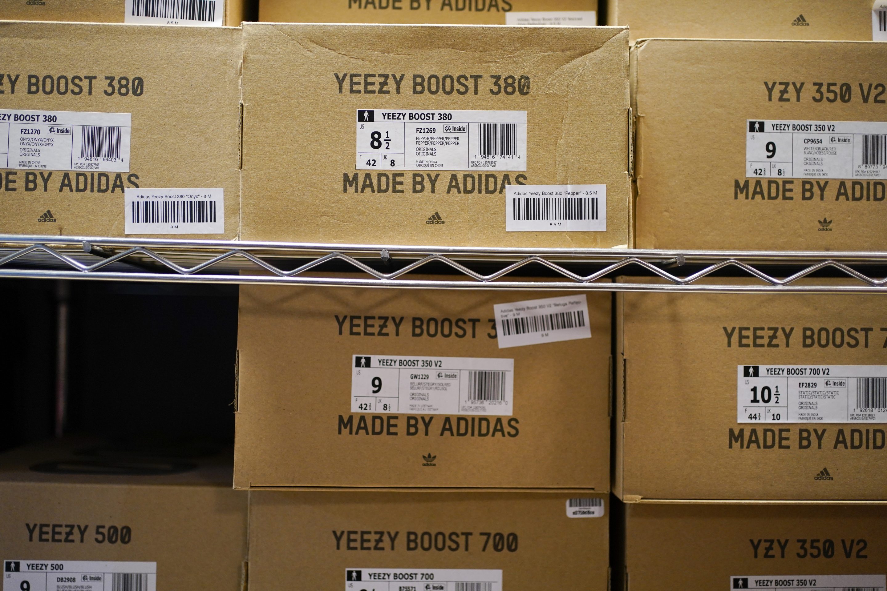 Boxes containing Yeezy shoes made by Adidas are seen at Laced Up, a sneaker resale store, in Paramus, N.J., Tuesday, Oct. 25, 2022. 