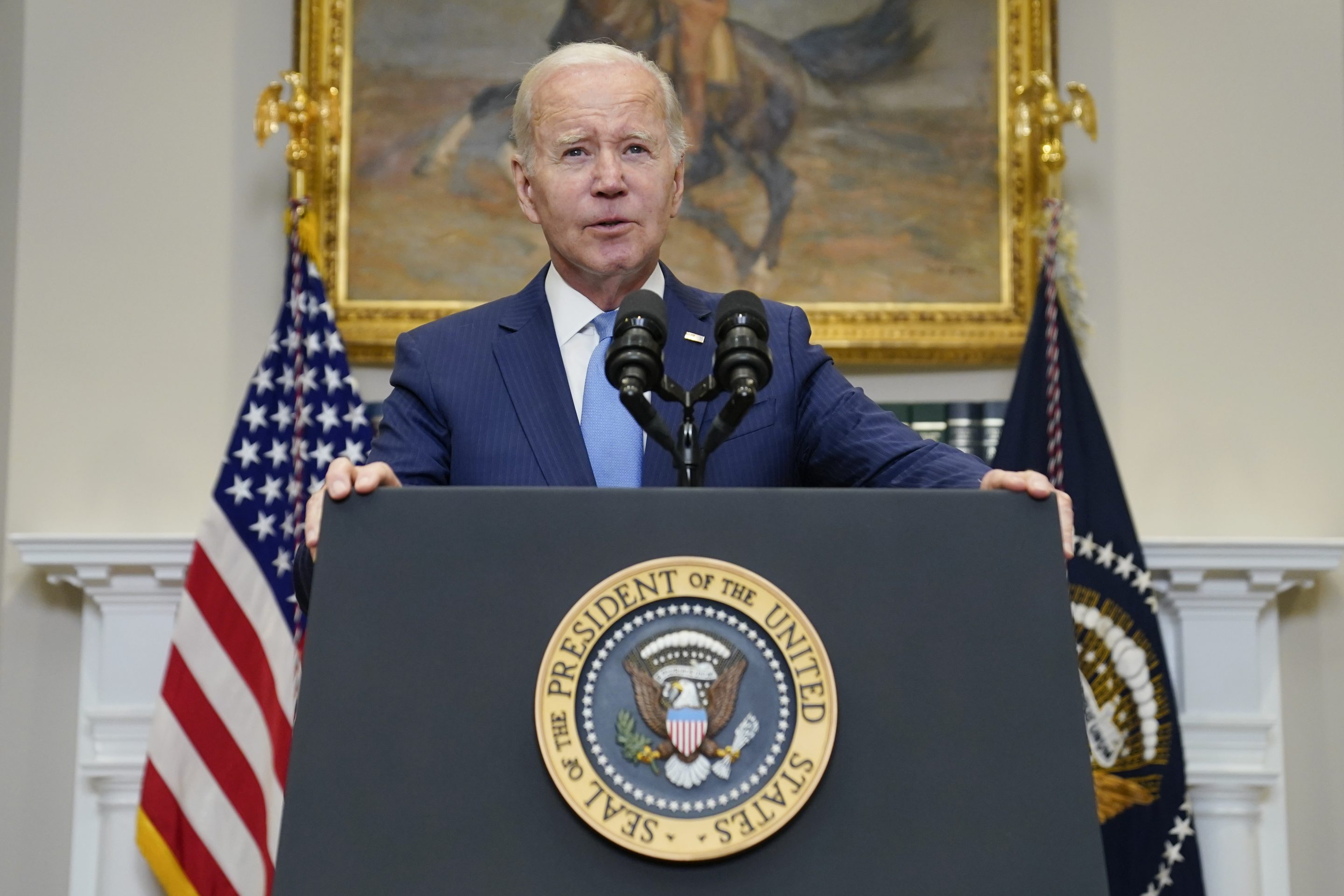 President Joe Biden speaks about the debt limit talks in the Roosevelt Room of the White House, Wednesday, May 17, 2023, in Washington.