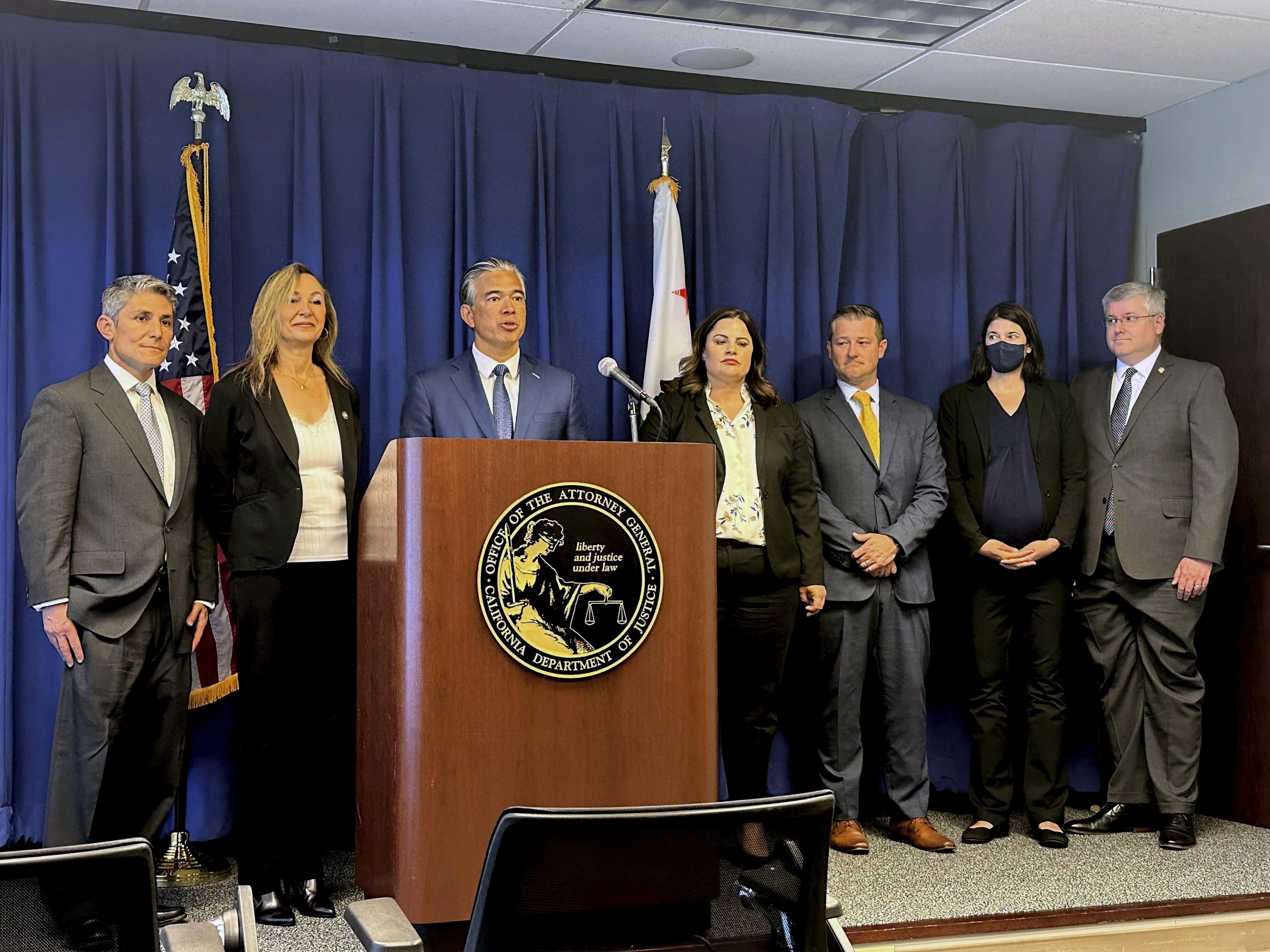 California Attorney General Rob Bonta speaks at a news conference in Sacramento on May 23, 2023. Bonta announced that Walmart will pay a half-million dollars to settle allegations from California's Department of Justice that the major retailer was selling brass knuckles on its website.