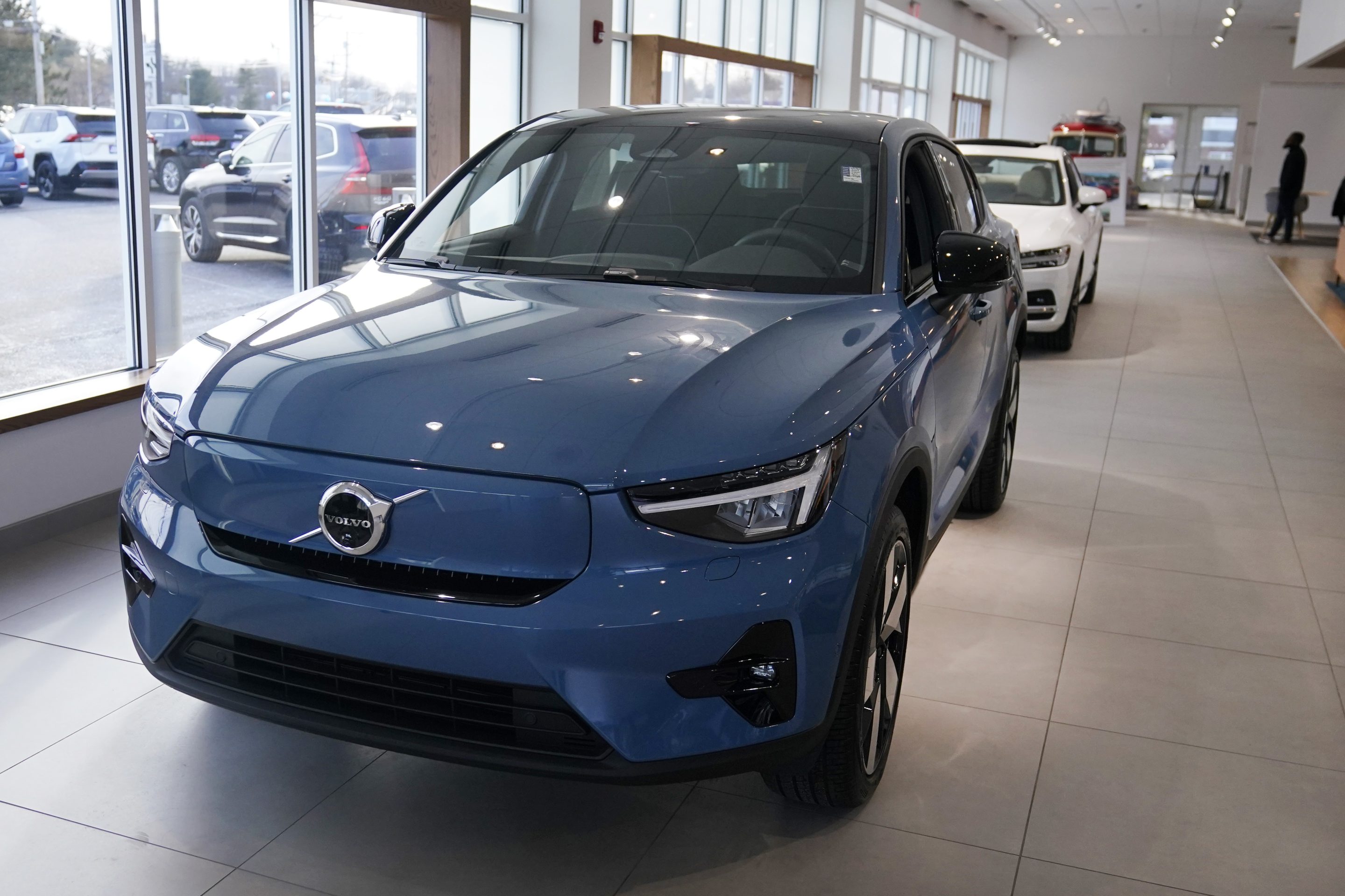 A 2023 Volvo C40 electric vehicle is displayed at a dealership, Tuesday, Feb. 7, 2023, in Exeter, N.H. Leasing is starting to look like the cheapest way to get an electric vehicle, because the U.S. government is giving it a big advantage.