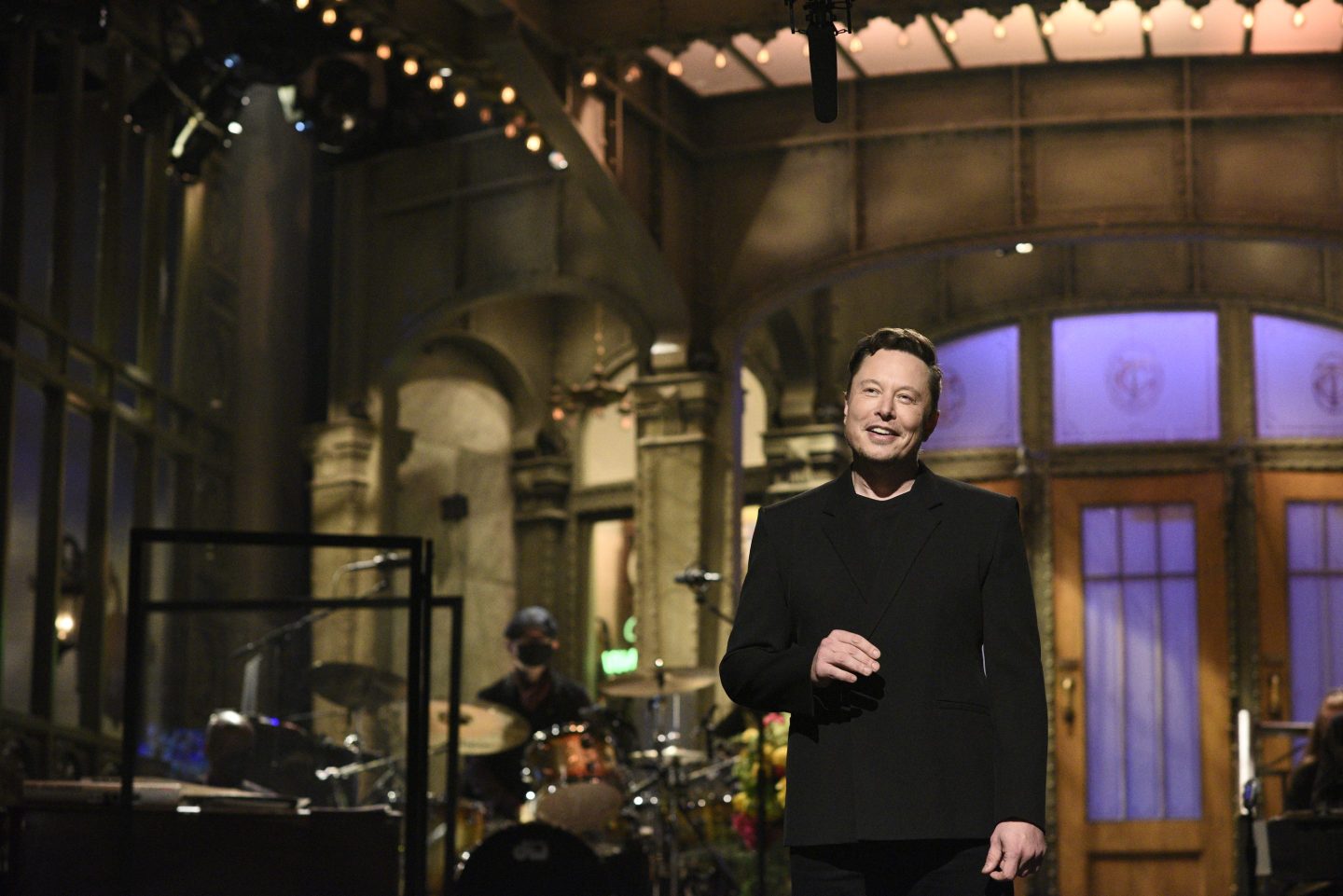 A live shot of Tesla and Space X CEO Elon Musk delivering his Saturday Night Live monologue on May 8, 2021.