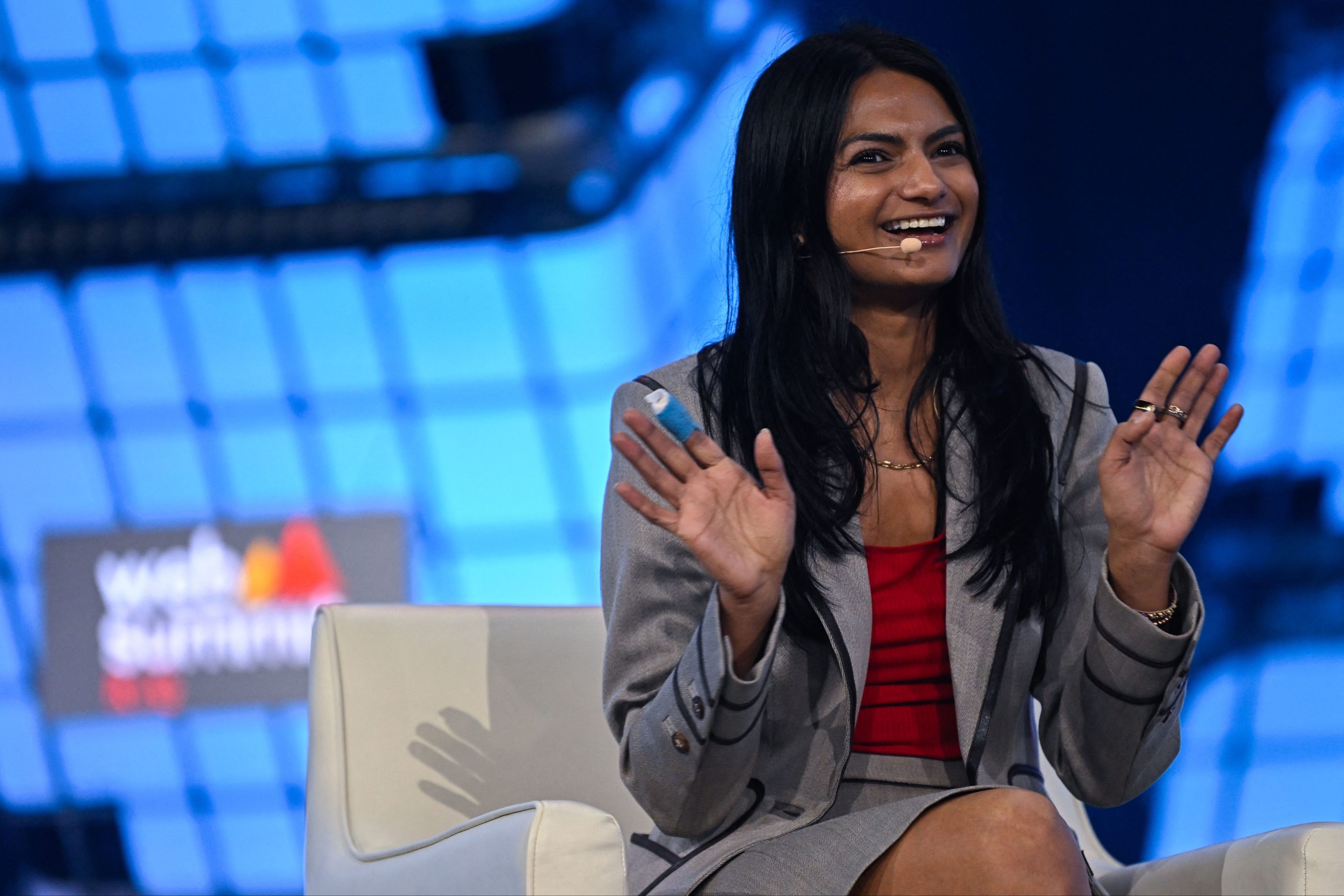 Only Fans CEO Amrapali Gan speaks during the Web Summit Rio 2023 on May 3, 2023.