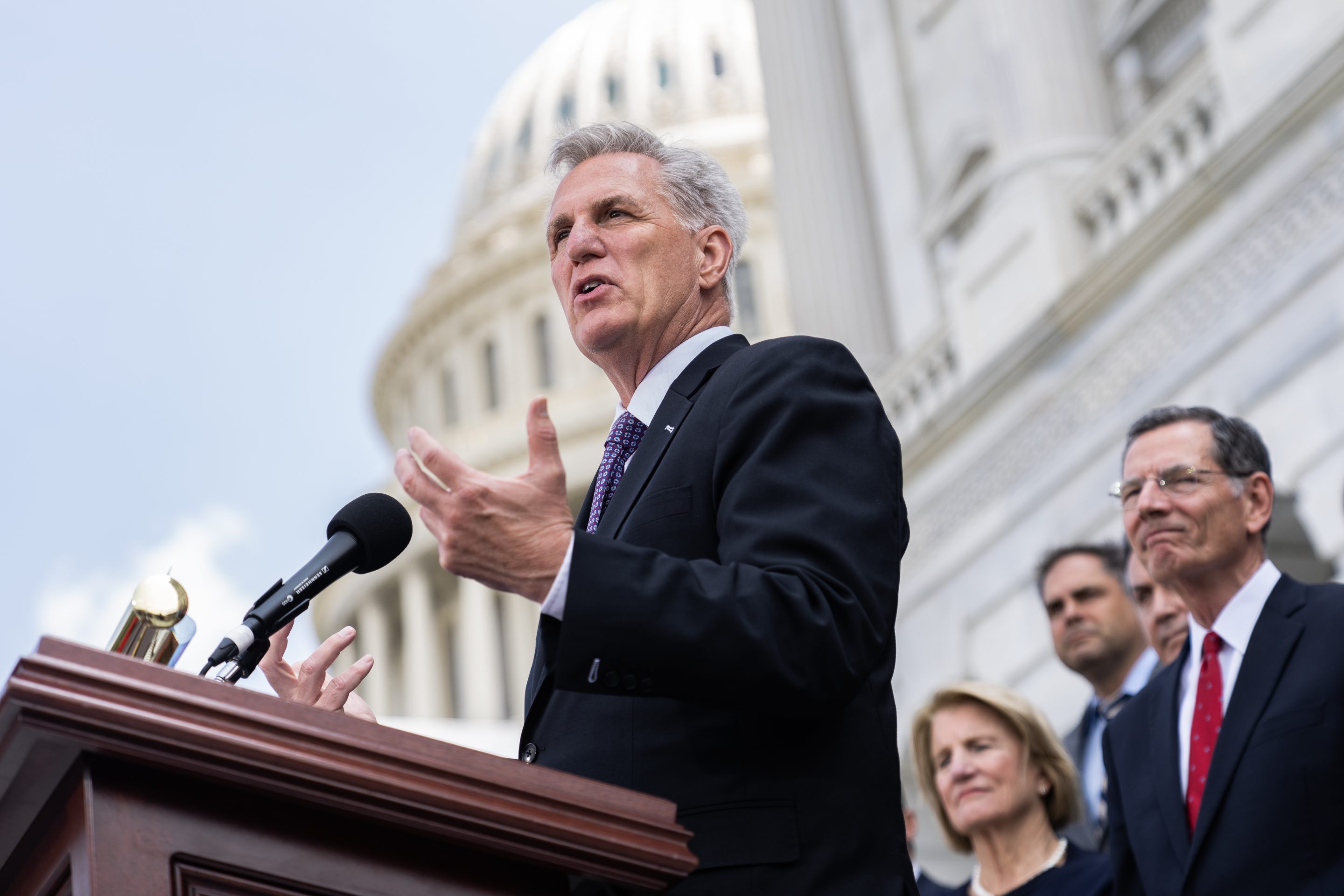 Speaker of the House Kevin McCarthy, R-Calif., conducts a news conference with house and senate Republicans on the "debt crisis," on the west terrace of the U.S. Capitol on Wednesday, May 17, 2023.