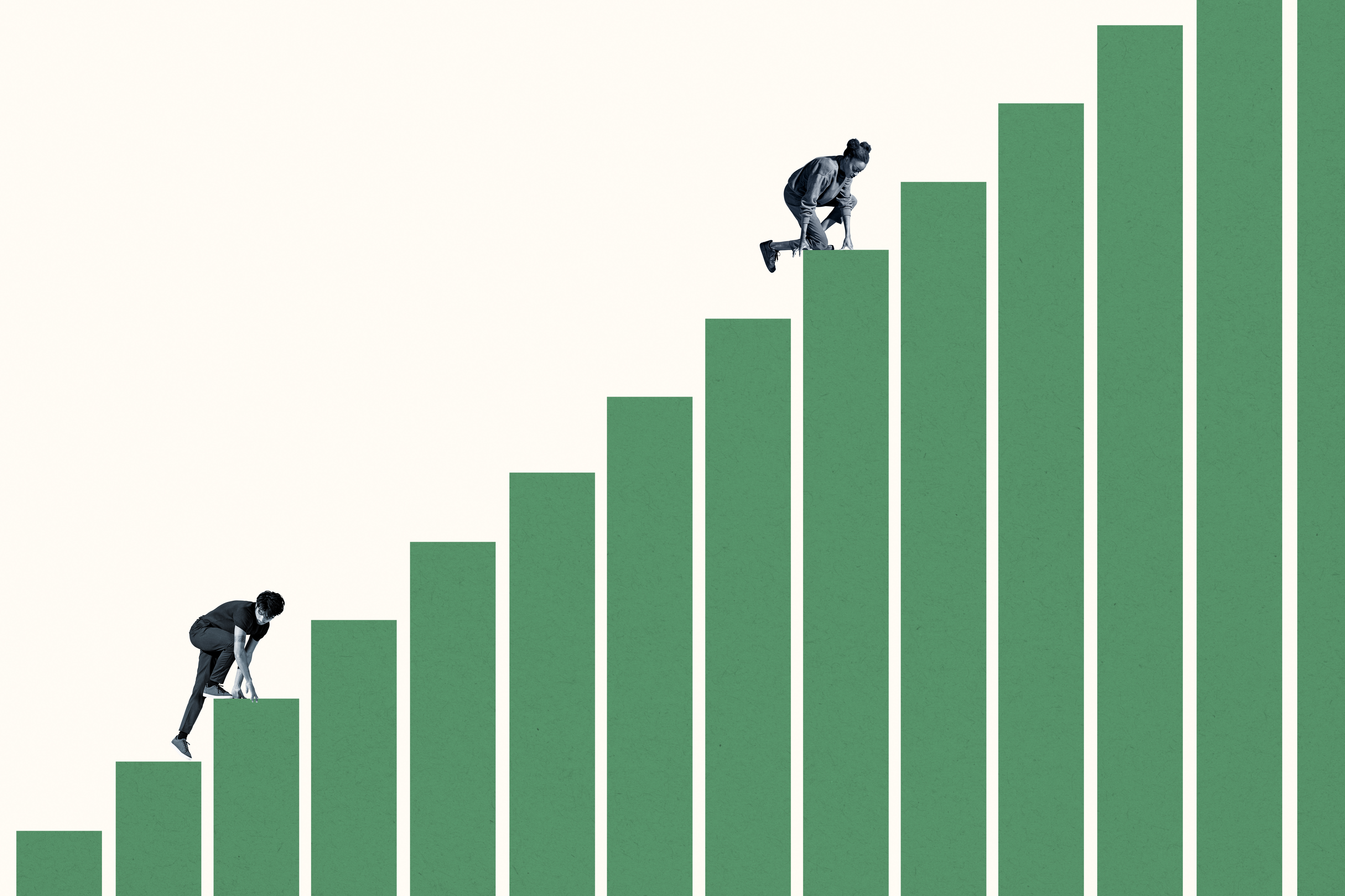 Full length young woman climbing ahead of man on green bar graphs together against white background