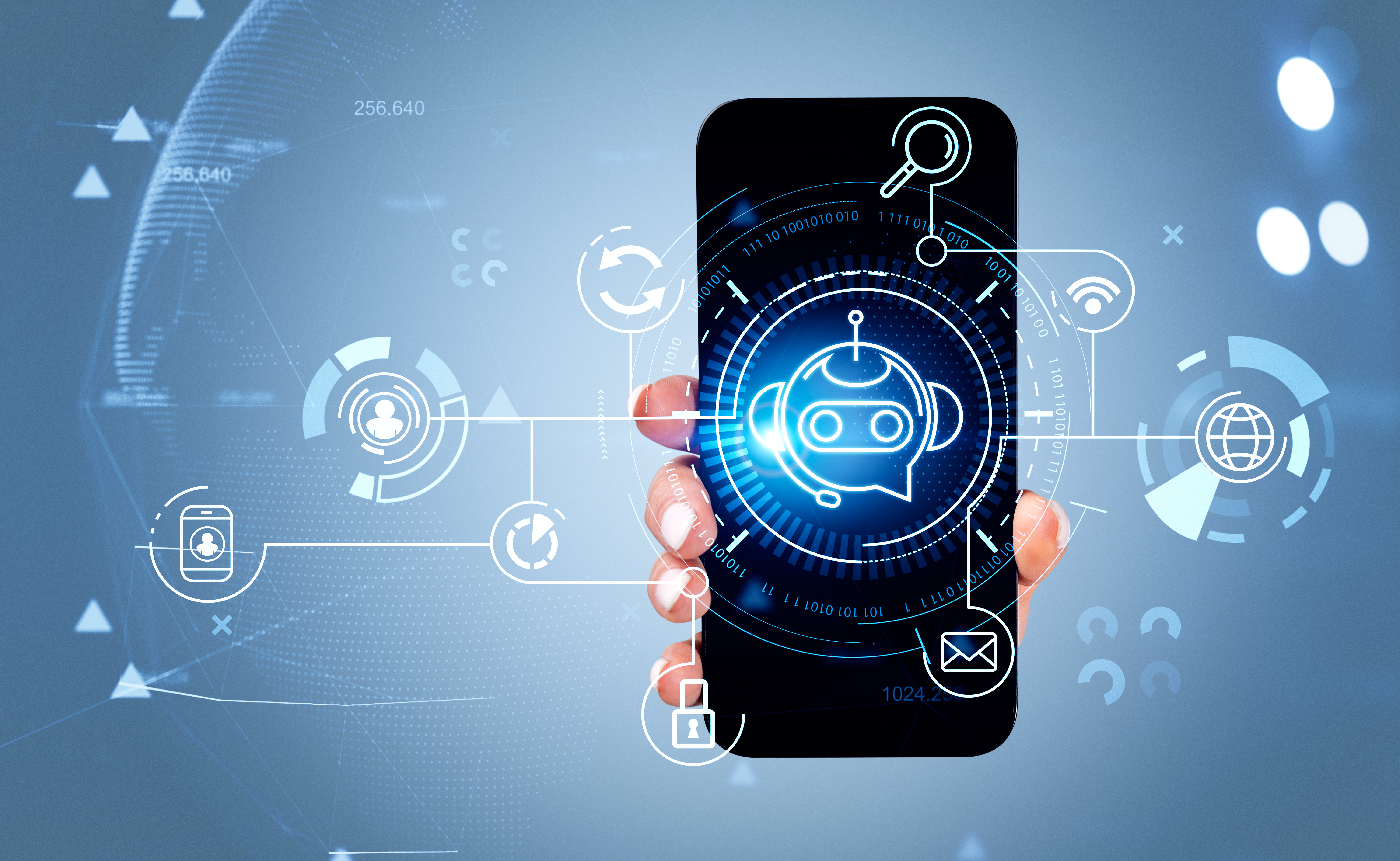 Woman hand show phone with voice chat bot hologram, business network icons. Artificial intelligence, worldwide and binary. Concept of helpdesk