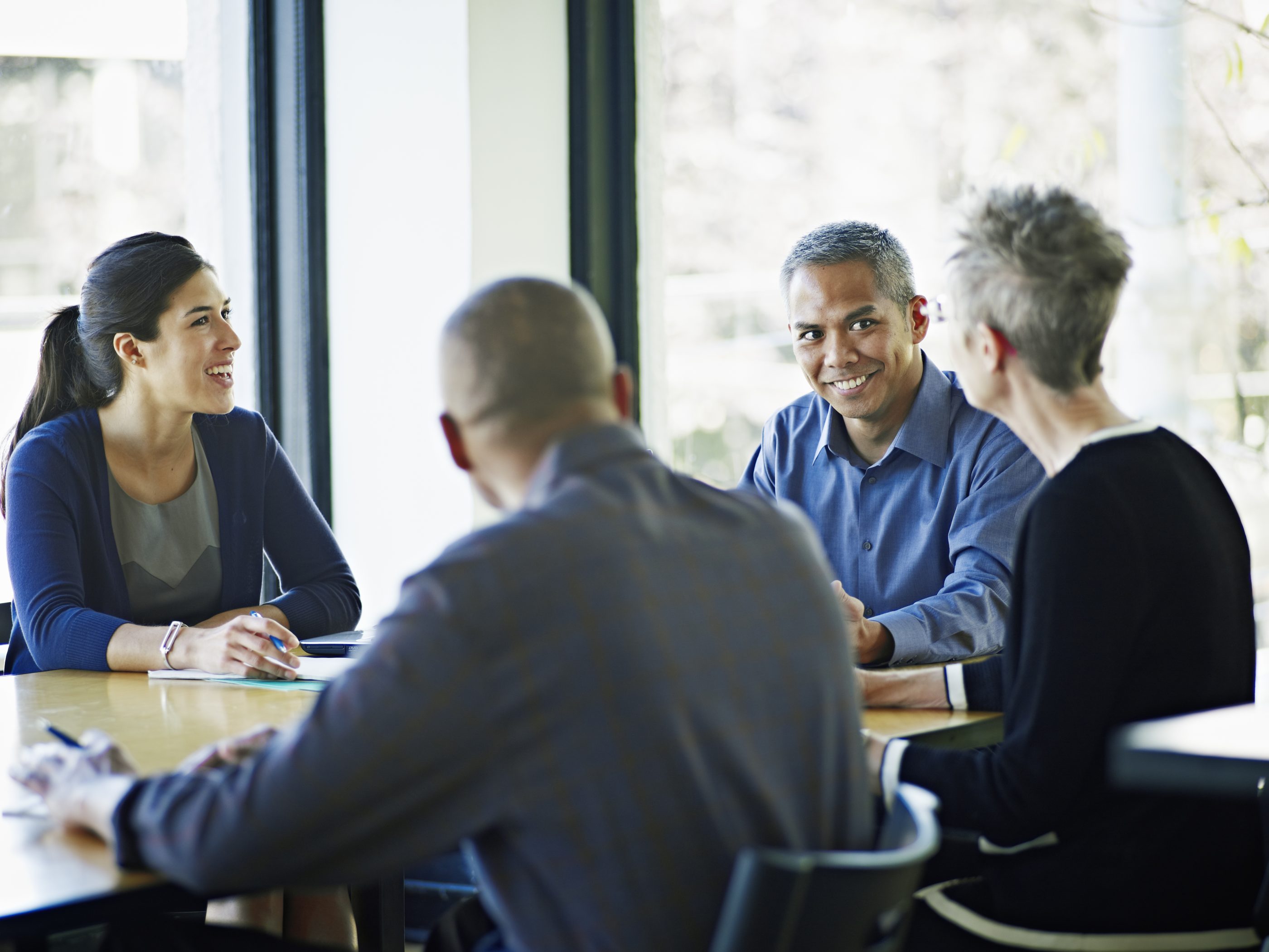 Board members in discussion at conference table in office