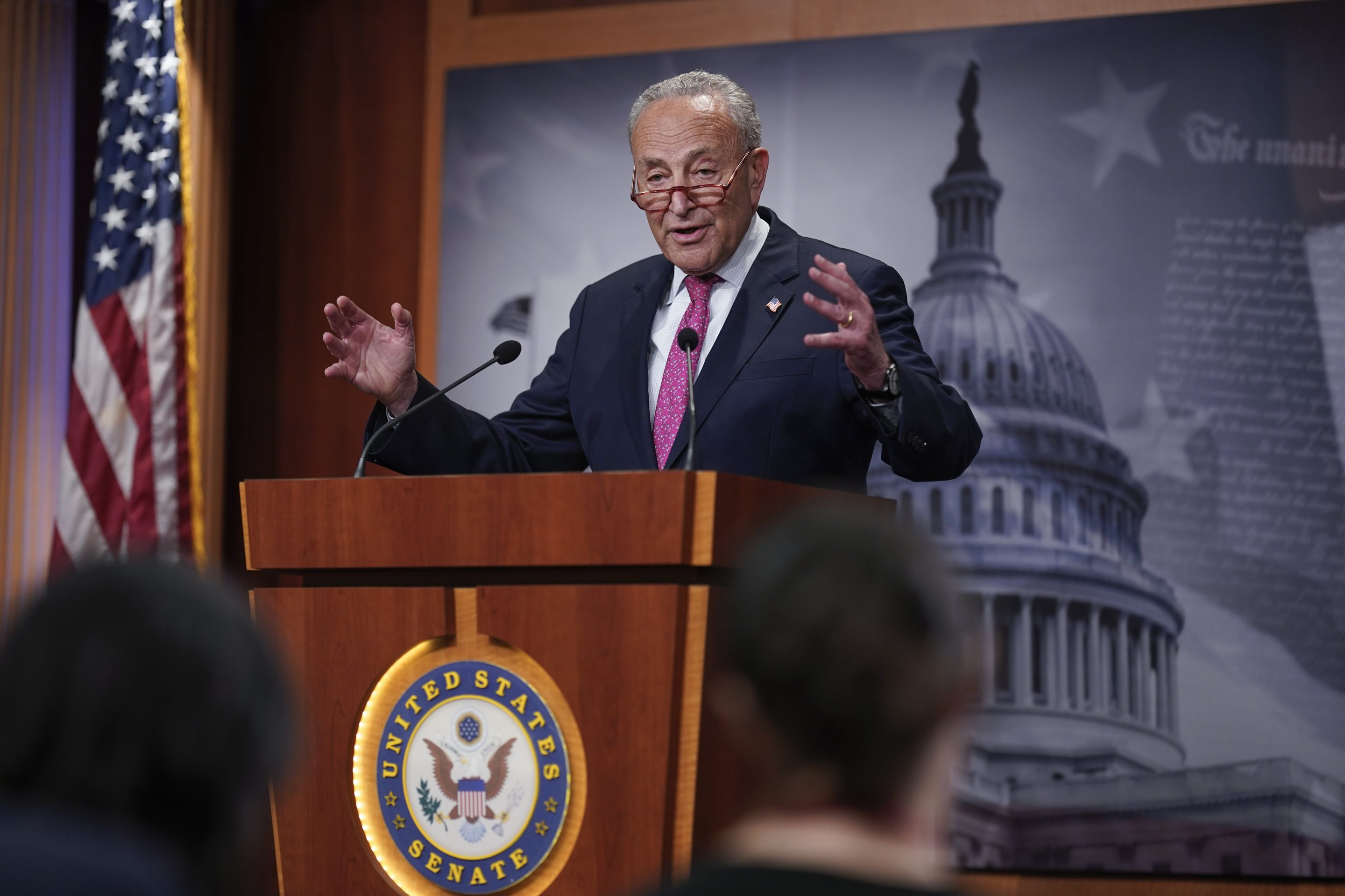 Senate Majority Leader Chuck Schumer, D-N.Y., speaks to reporters after a hectic series of amendment votes and final passage on the big debt ceiling and budget cuts package, at the Capitol in Washington, on June 1, 2023.