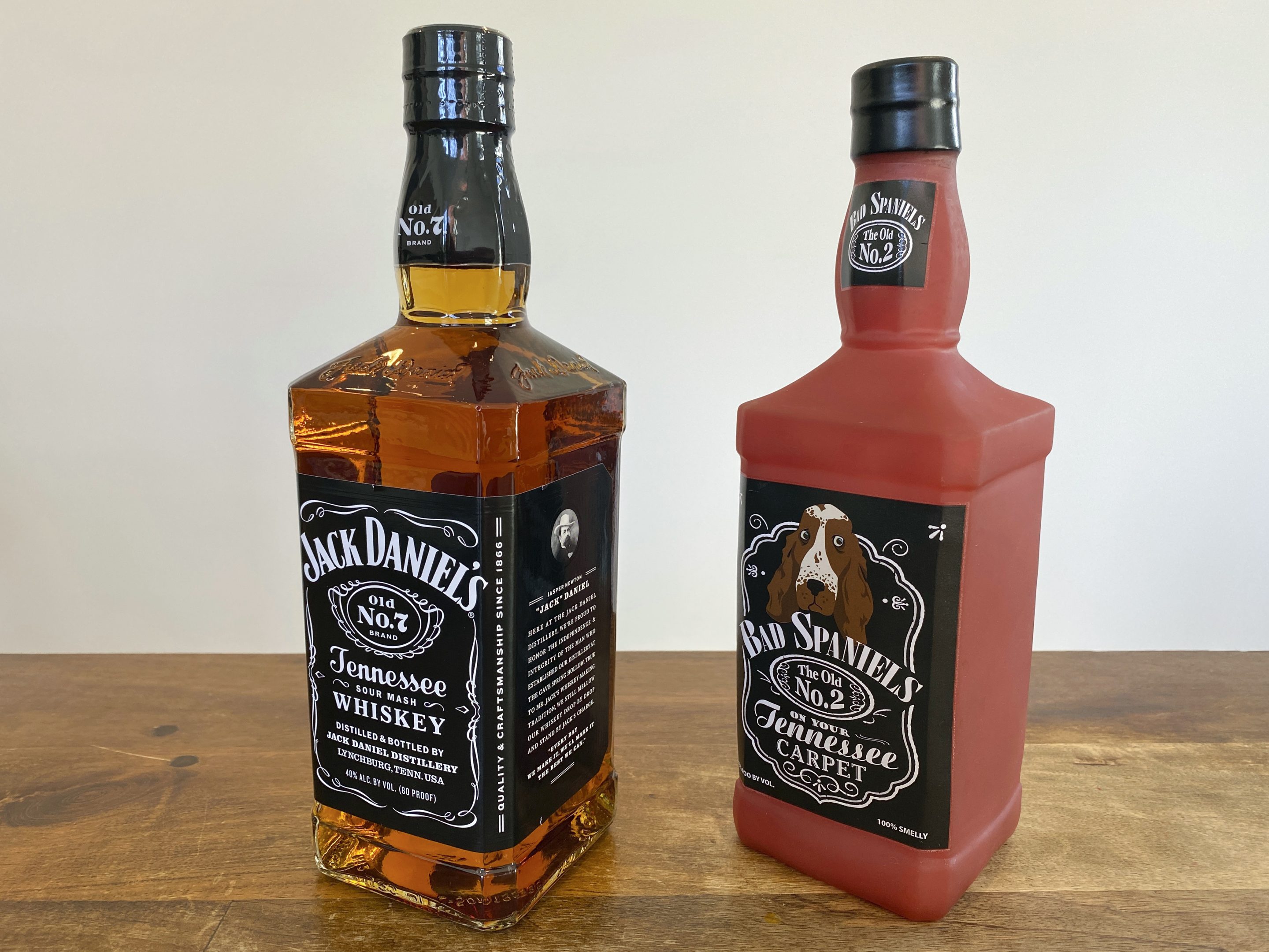 A bottle of Jack Daniel's Tennessee Whiskey is displayed next to a Bad Spaniels dog toy in Arlington, Va., Sunday, Nov. 20, 2022.
