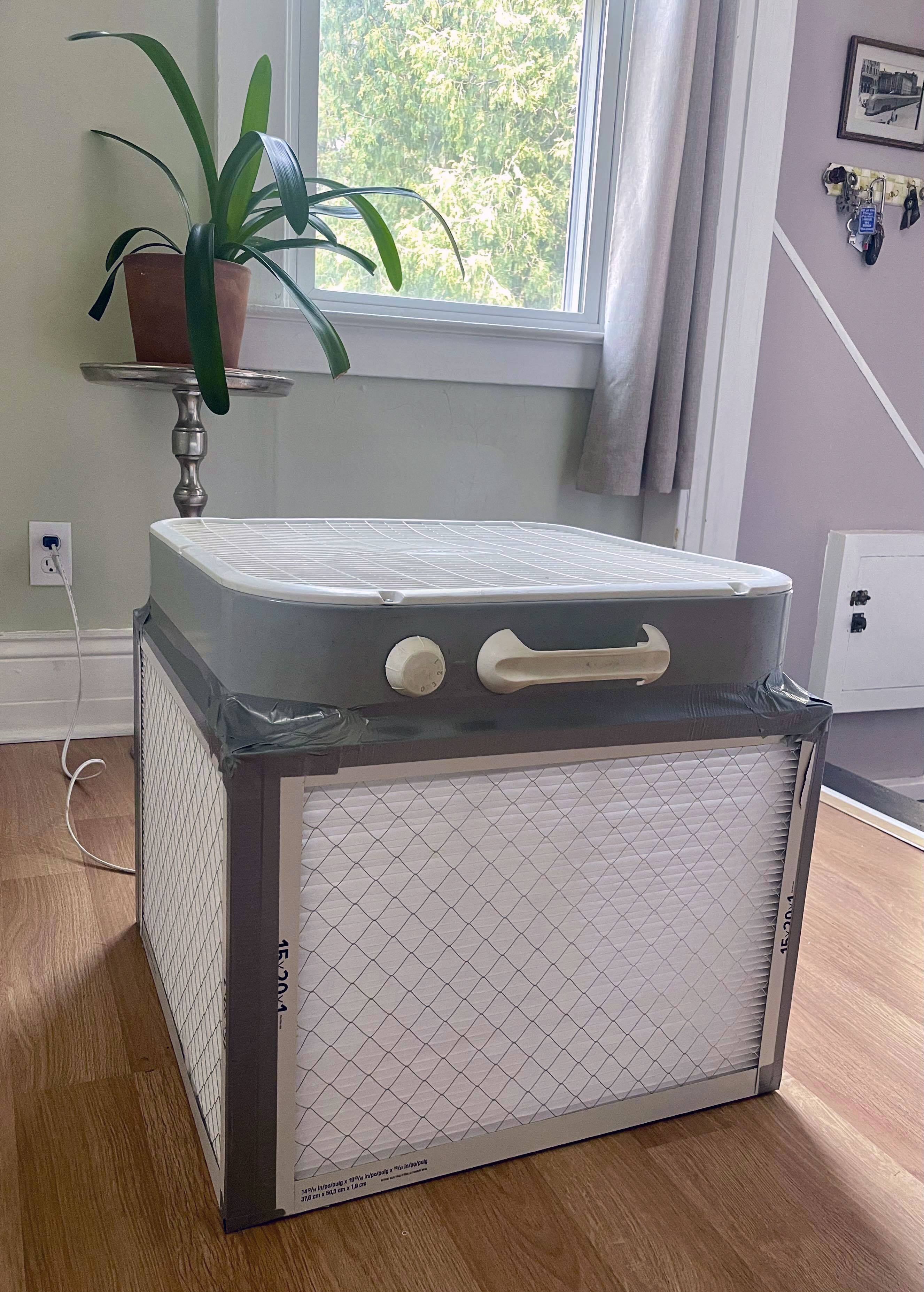 A Corsi-Rosenthal air purifier built by Liz Hradil is seen at her home in Syracuse, N.Y. after the wildfire smoke covered much of New York on June 7, 2023. 