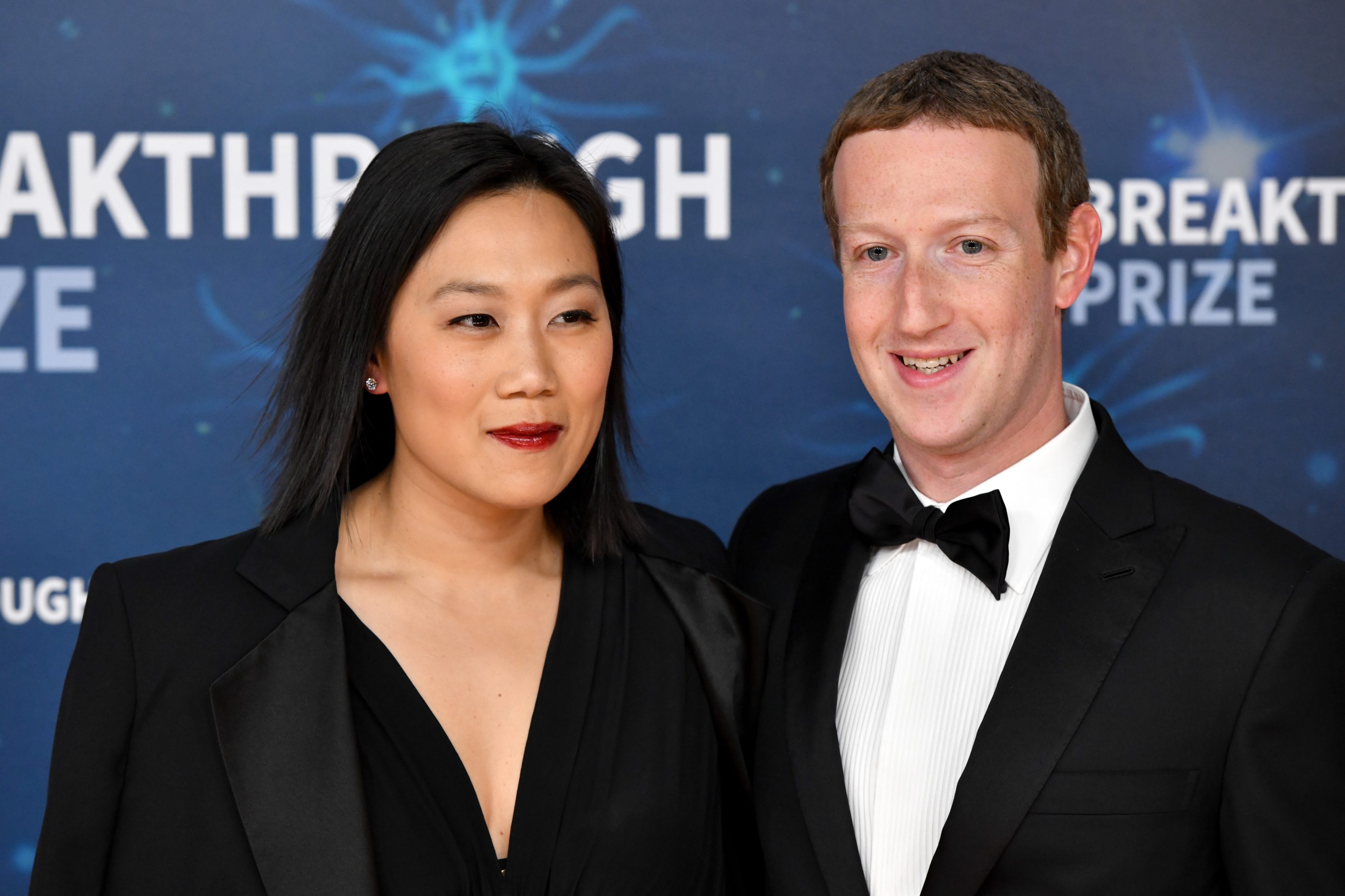 Priscilla Chan and Mark Zuckerberg attend the 2020 Breakthrough Prize Red Carpet at NASA Ames Research Center on November 03, 2019 in Mountain View, California.