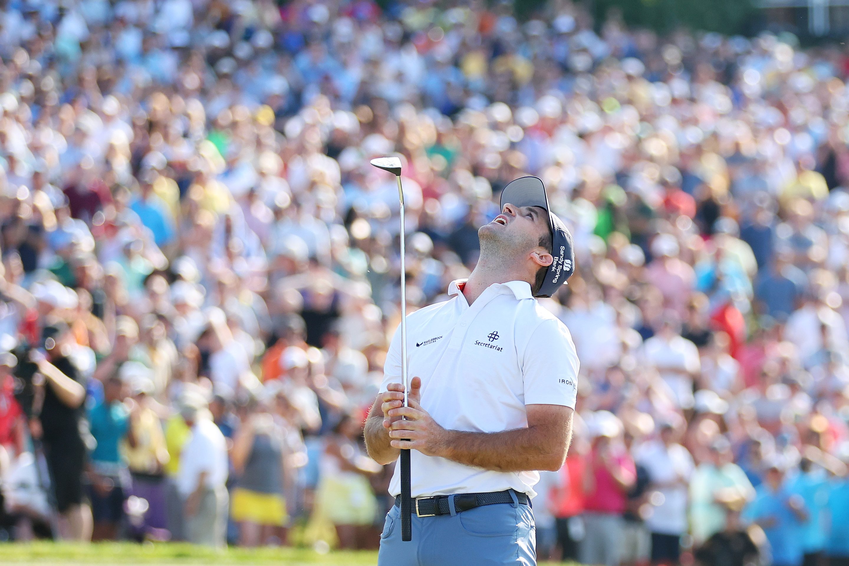 Denny McCarthy of the United States reacts to missing a putt in a playoff on the 18th green during the final round of the Memorial Tournament presented by Workday at Muirfield Village Golf Club on June 04, 2023 in Dublin, Ohio.