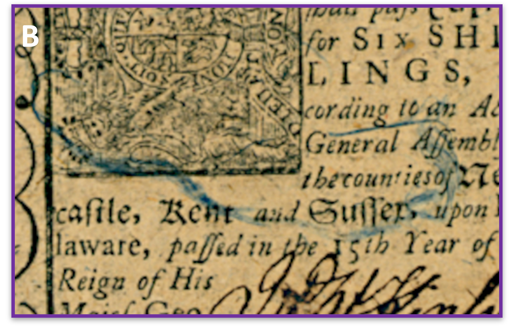 In this image provided by Proceedings of the National Academy of Sciences, blue threads can be seen in a six shillings Delaware note printed by J. Adams on January 1, 1776.