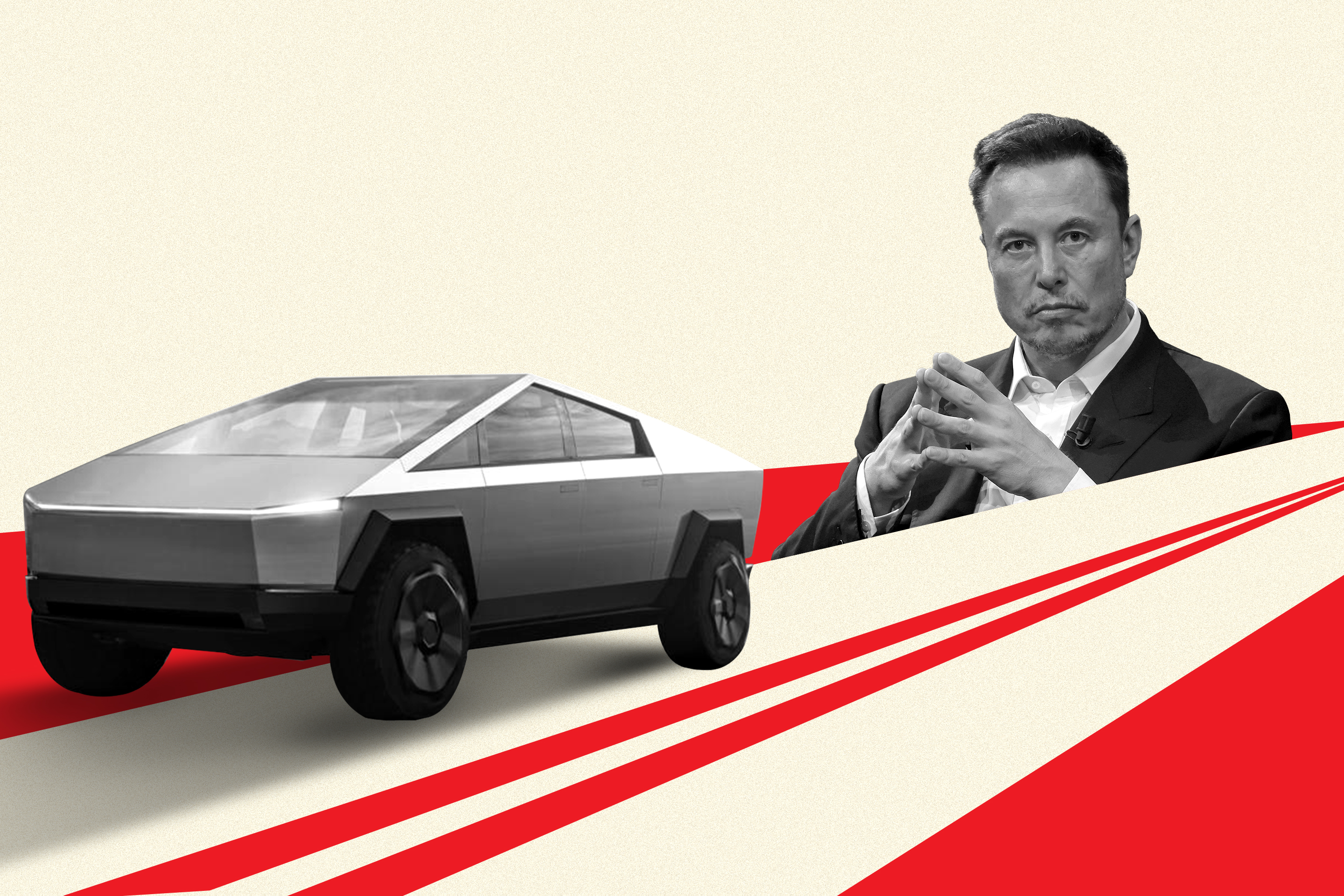 Photo illustration of the Tesla Cybertruck and Elon Musk over red shapes that represent a two lane road.