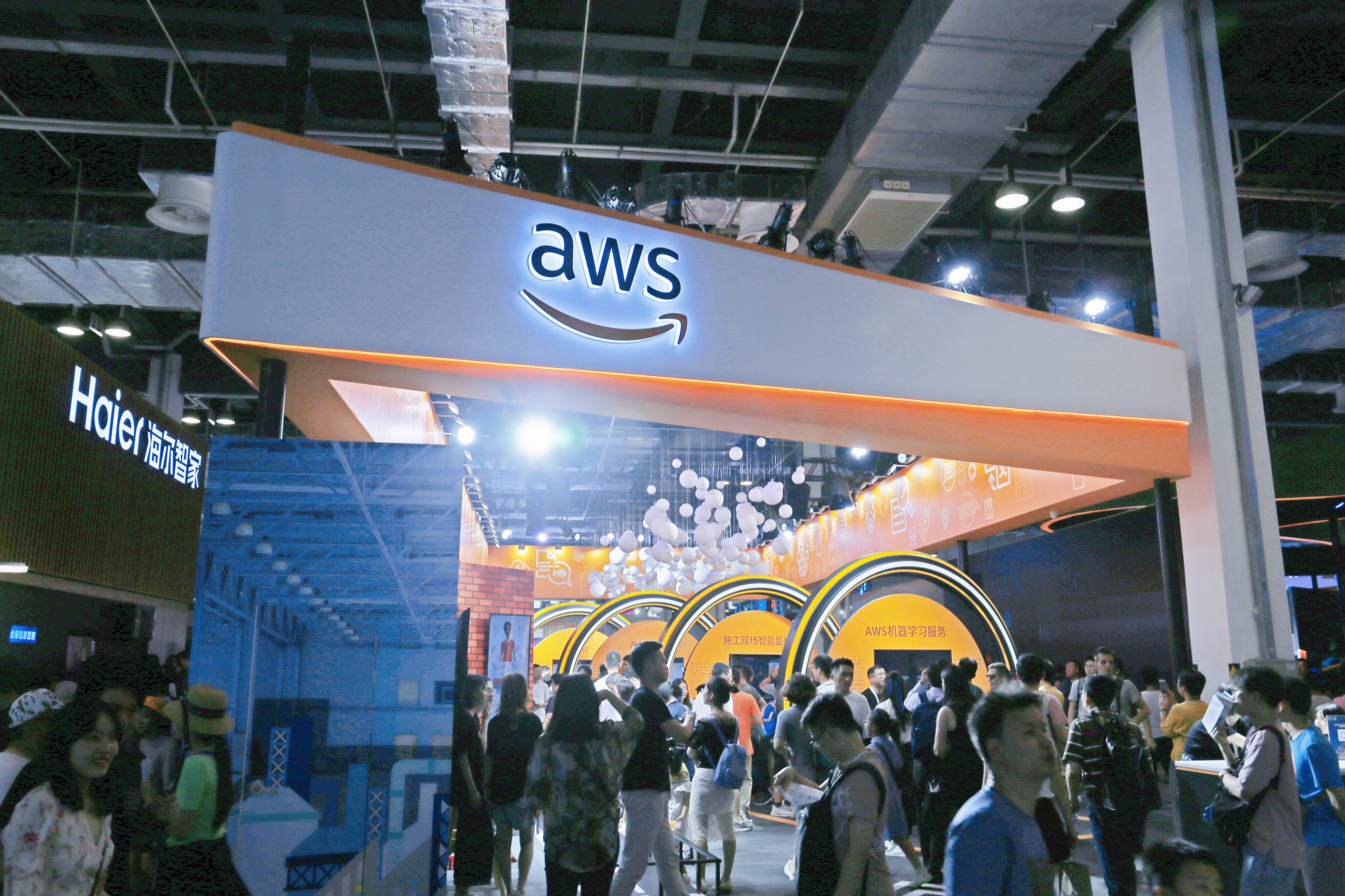 The AWS Amazon Cloud Technology exhibition area at the World Intelligence Congress in Shanghai, Aug. 31, 2019.