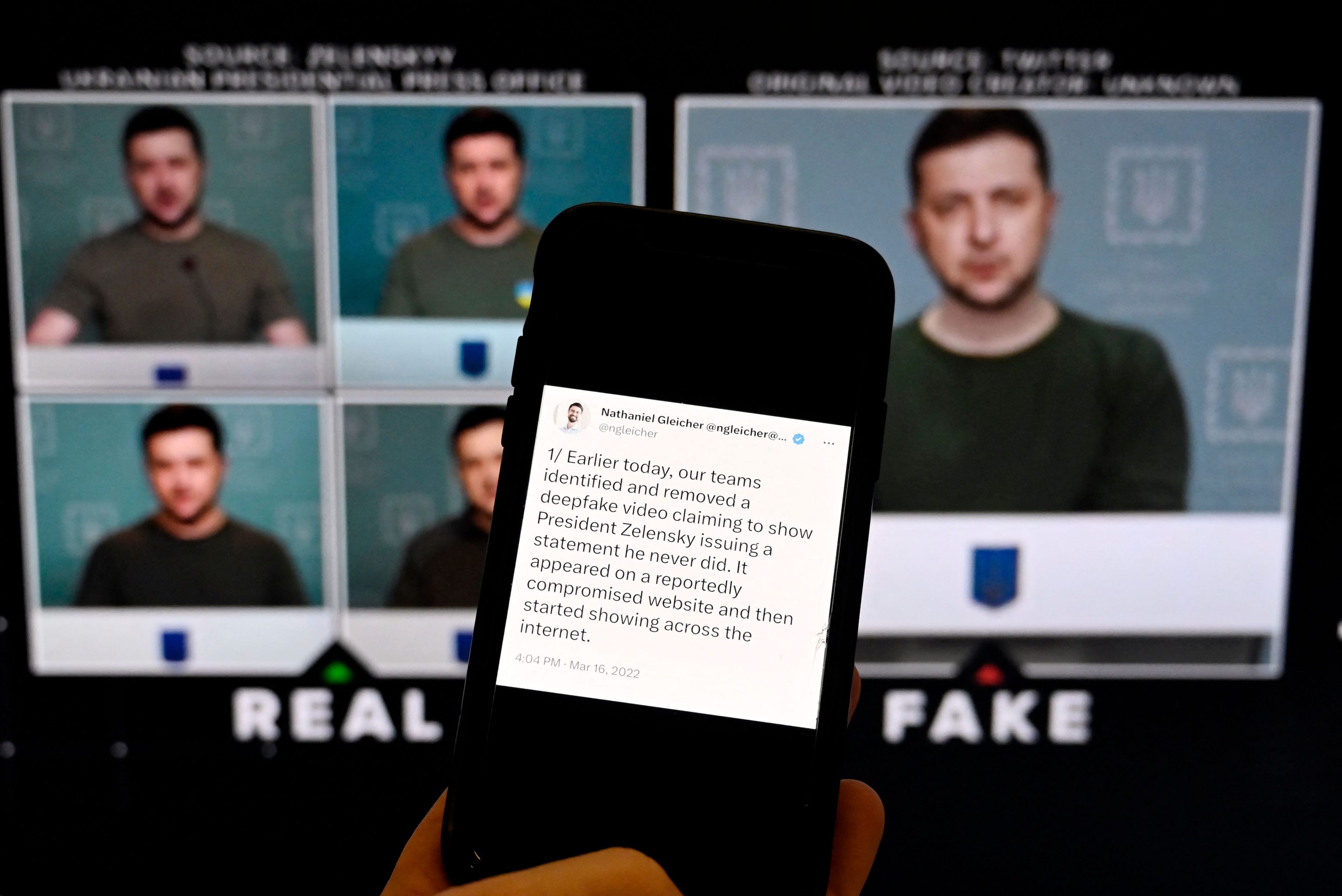 A fake video of Ukrainian President Volodymyr Zelensky calling on his soldiers to lay down their weapons down spread on the internet in January.