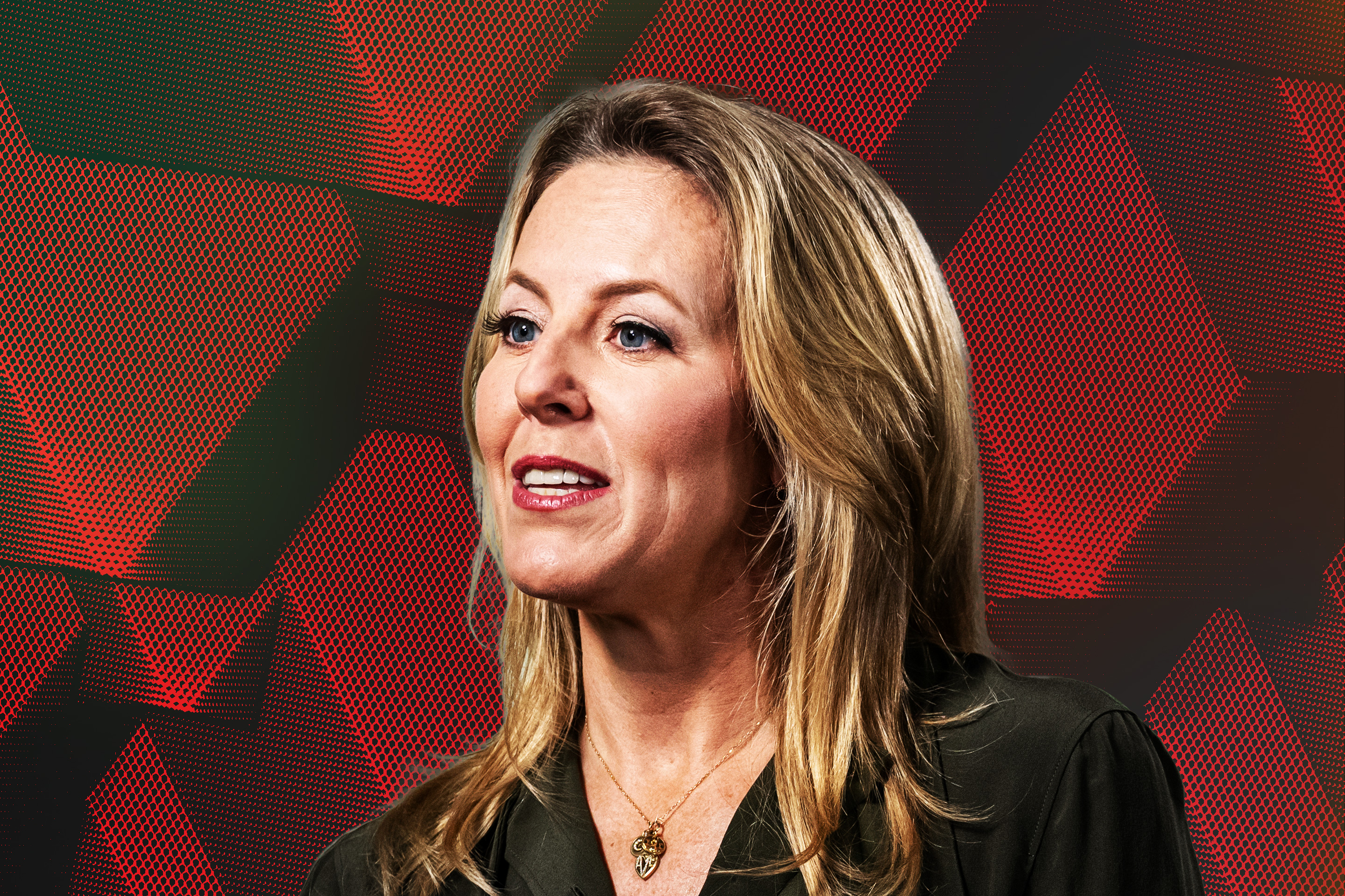 Photo illustration of portrait of Katie Haun on top of abstract technological box background.