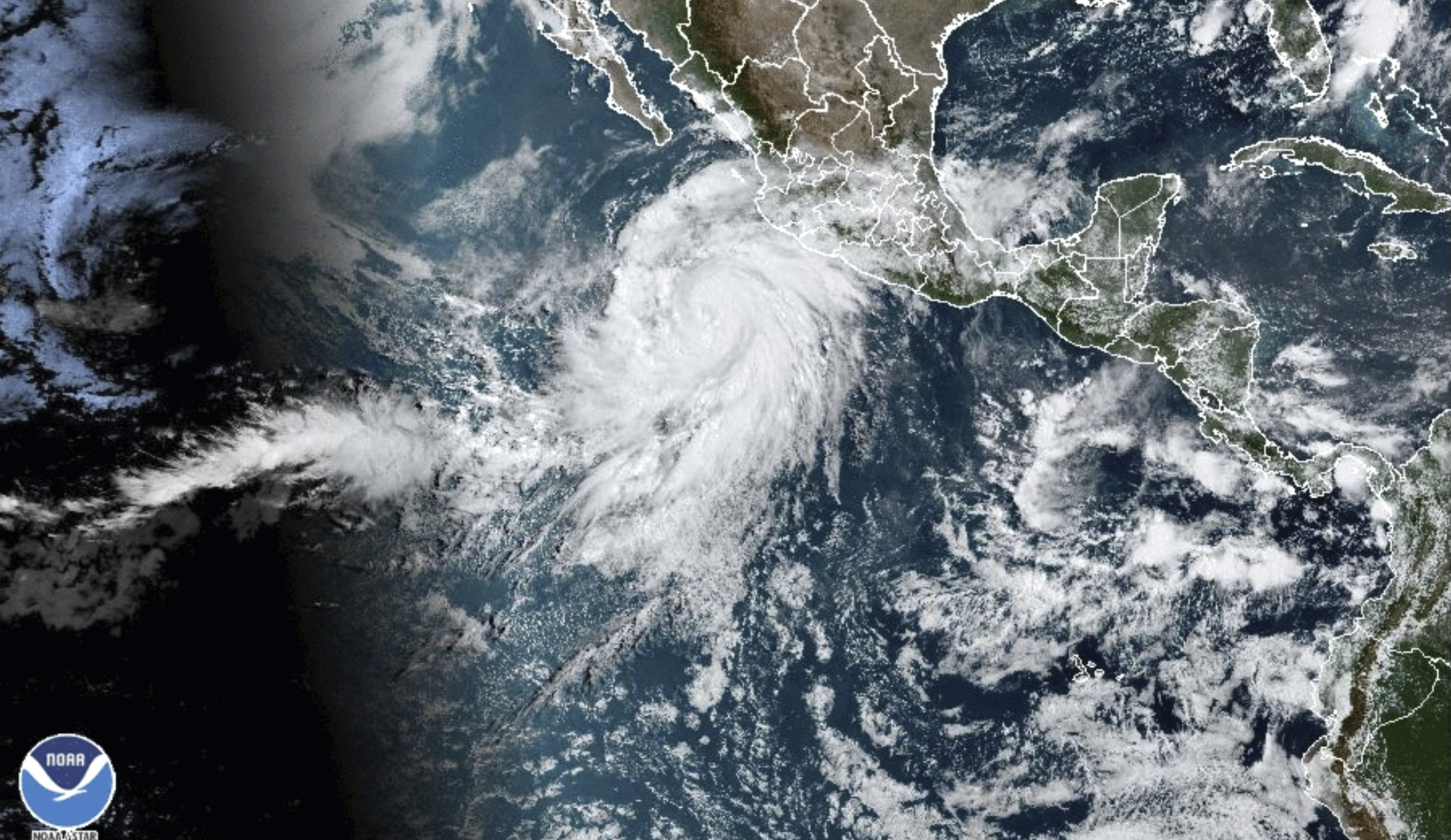 This satellite image taken at 10:50 a.m. EDT on Aug. 17, 2023 shows Hurricane Hilary off the Pacific coast of Mexico.