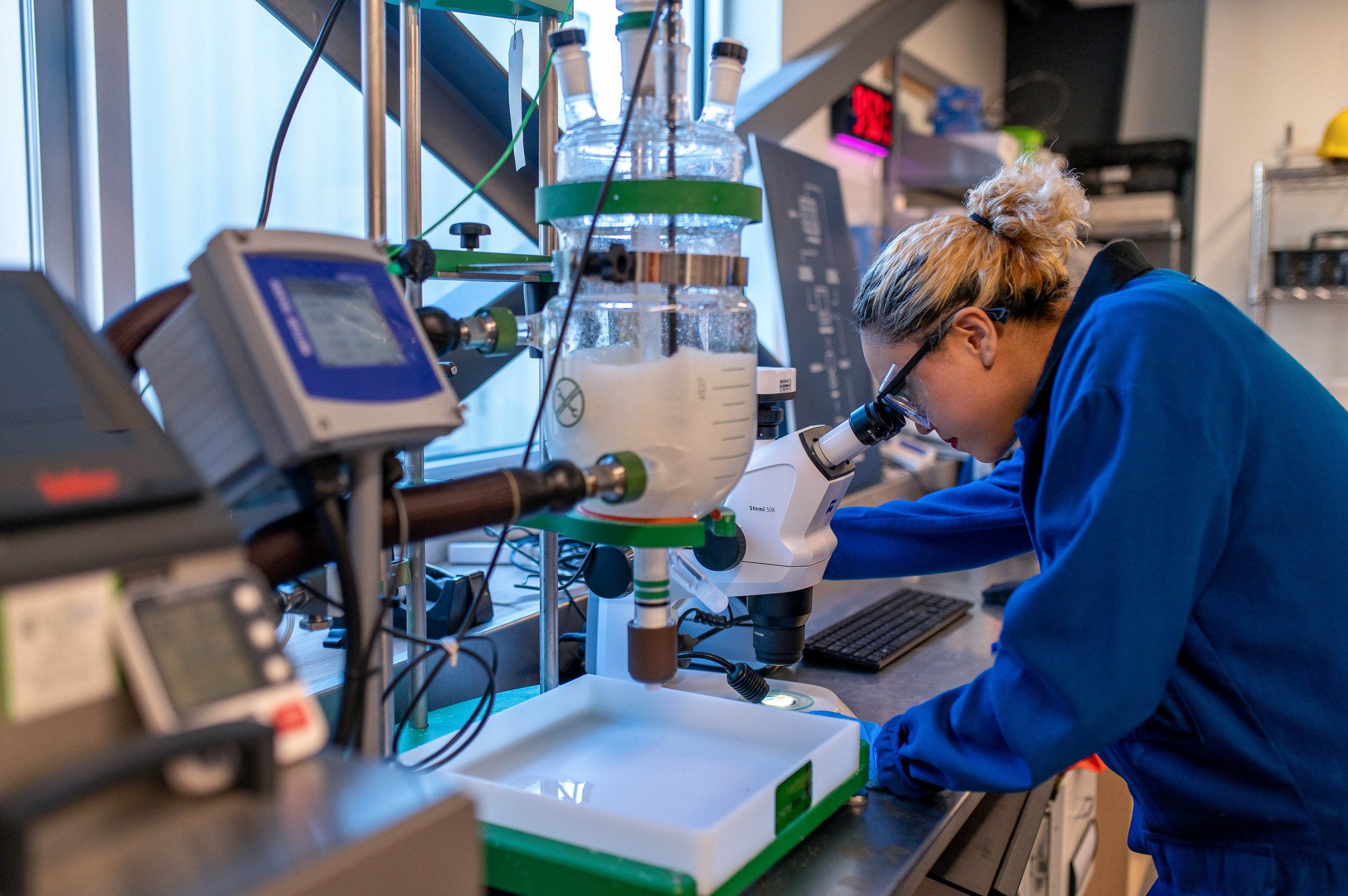 Lab technician in the Carbon Engineering Innovation Centre, a Direct Air Capture research and development facility, in Squamish, BC.