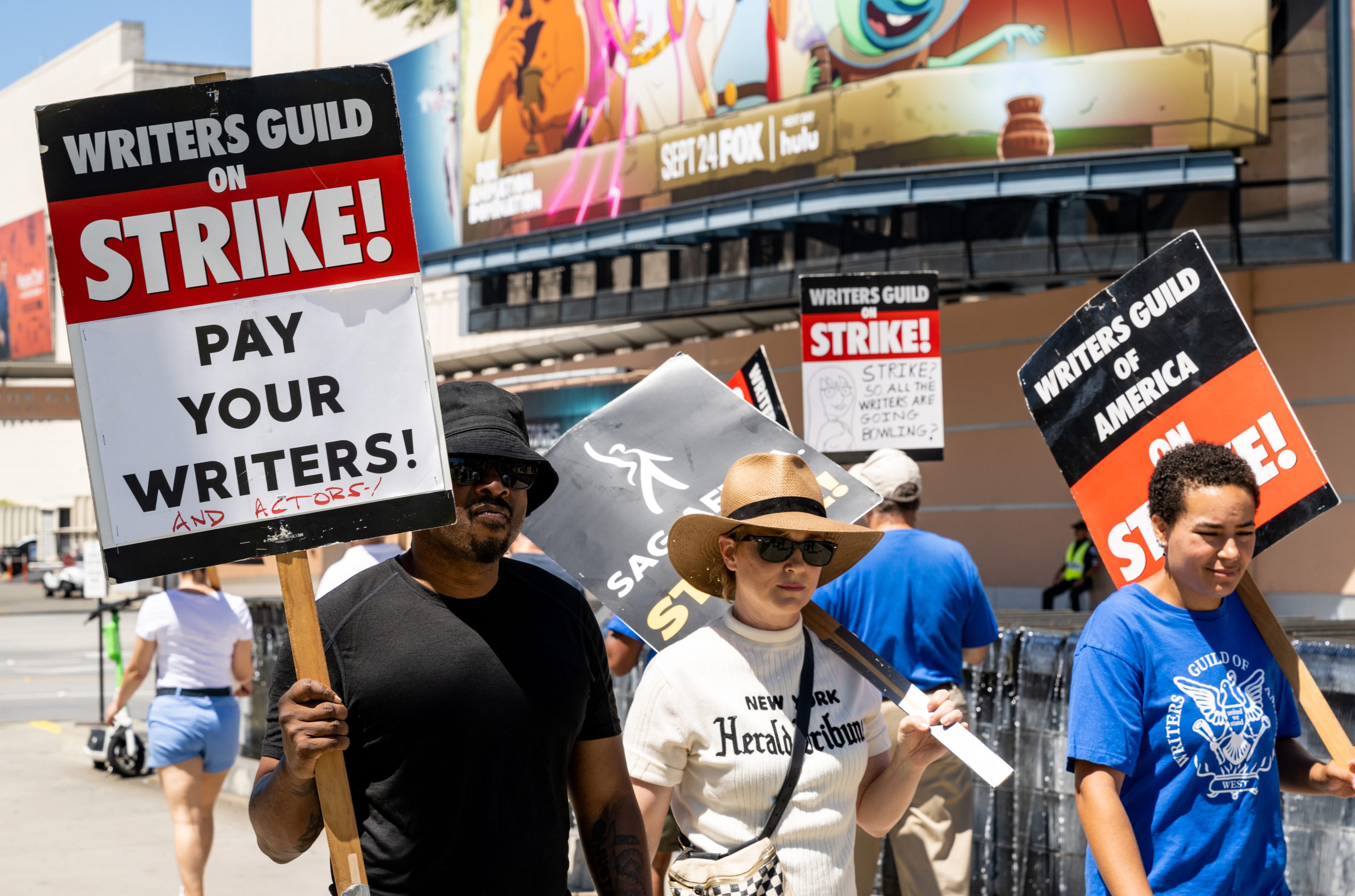 Members and supporters of SAG-AFTRA and WGA walk the picket line at Fox Studios on August 3, 2023 in Los Angeles.