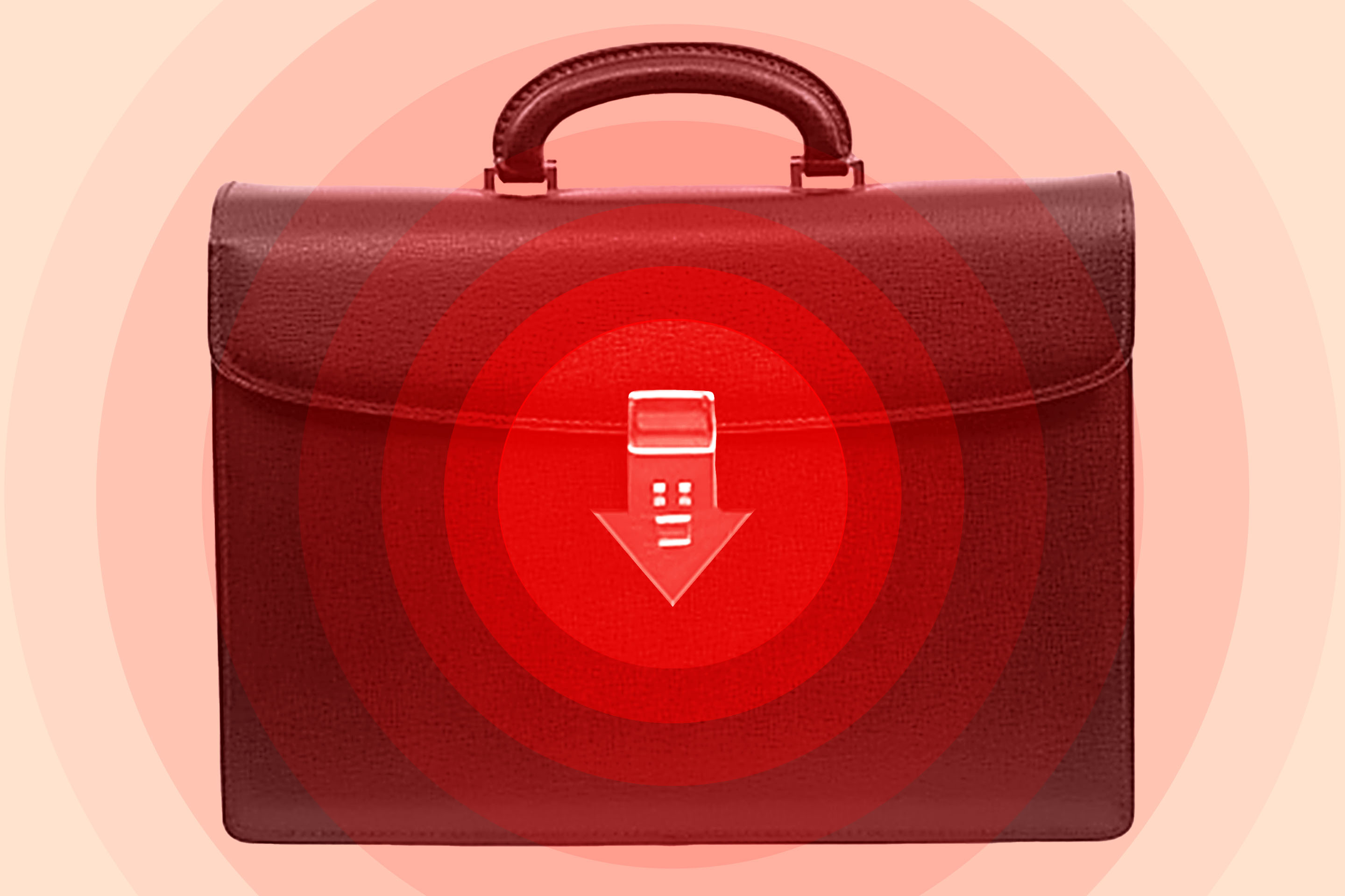 Photo illustration of a briefcase with it's front buckle as a downward arrow and a gradient of red circles overlaid from the center.