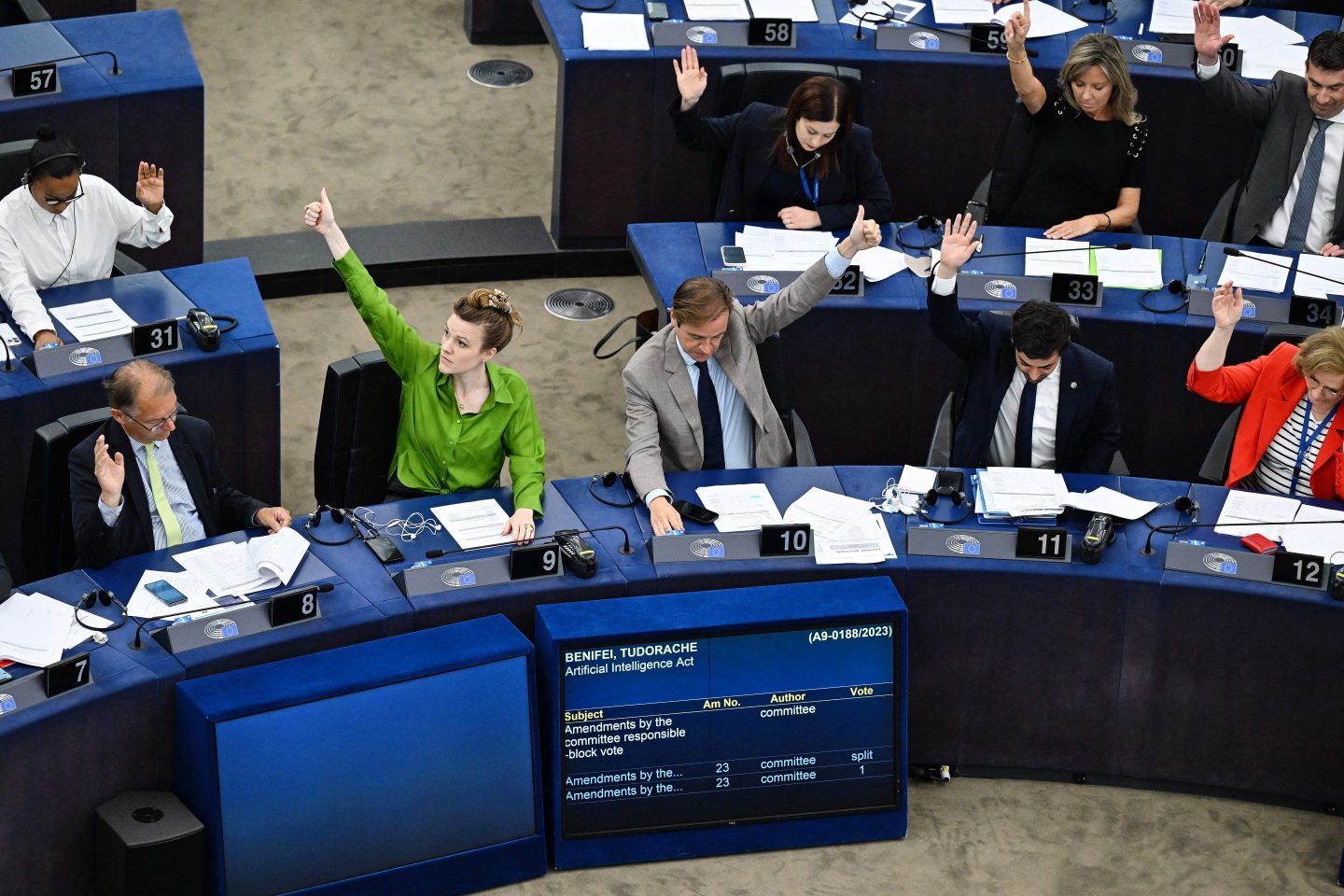 Members of the European Parliament vote on the Artificial Intelligence Act in Strasbourg on Jun. 14.