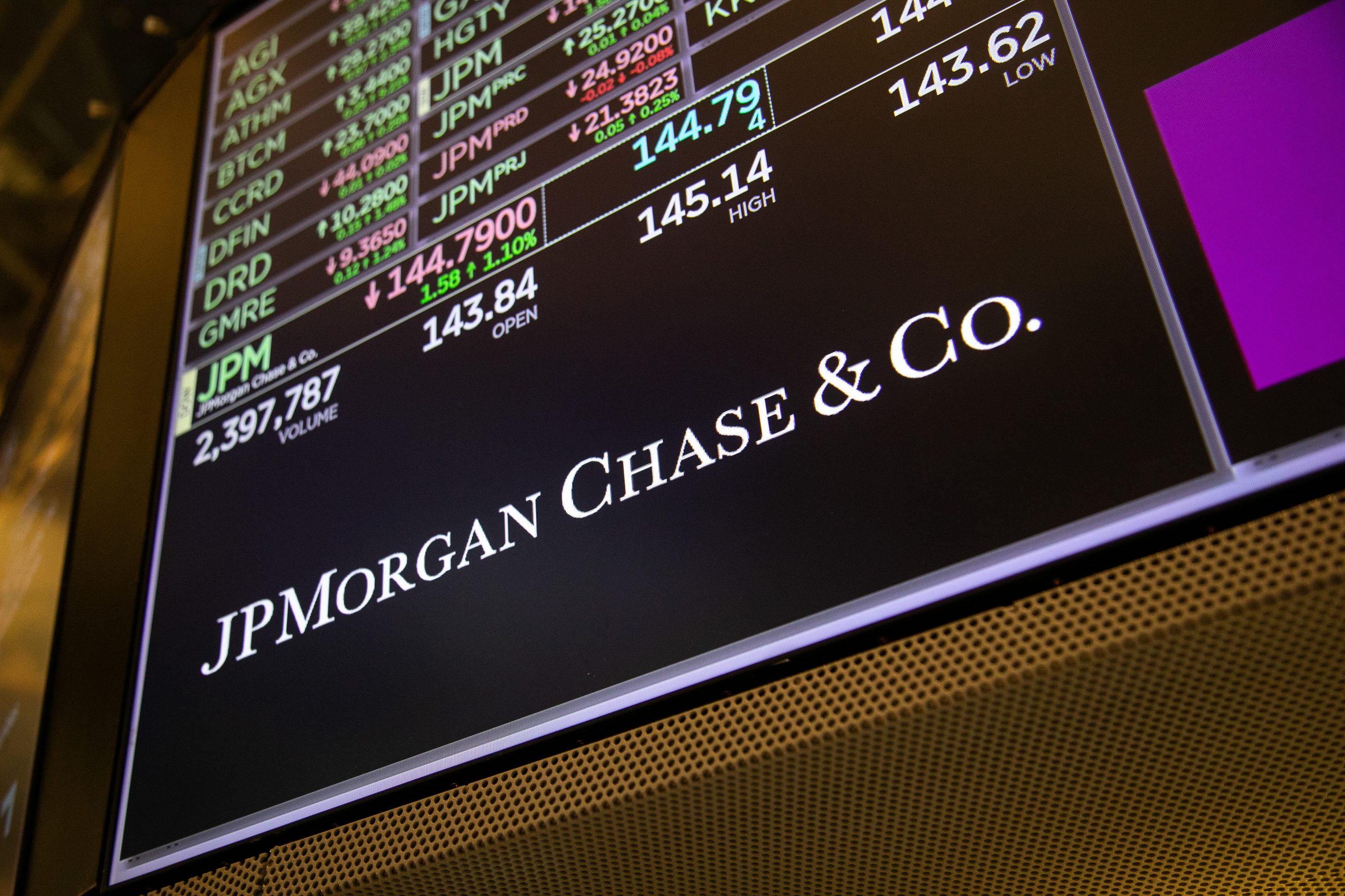 JPMorgan Chase signage displayed on the floor of the New York Stock Exchange.
