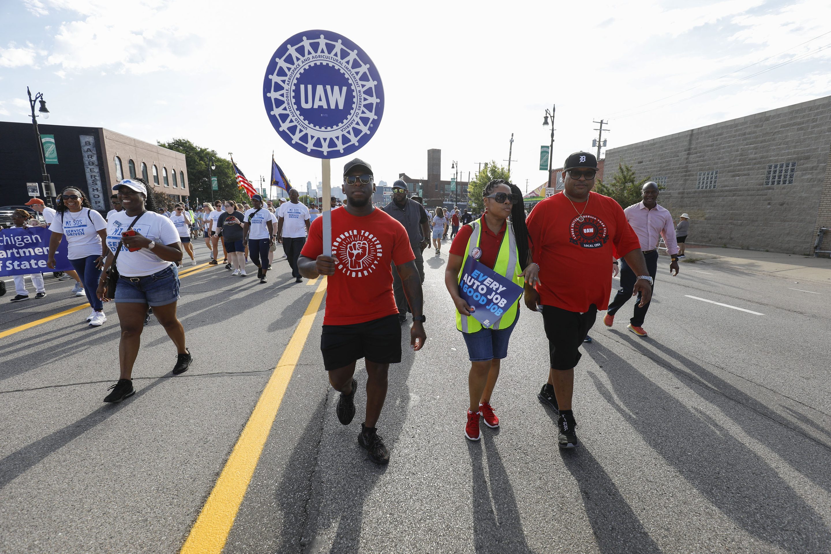 United Auto Workers members march in the Detroit Labor Day Parade on September 4, 2023.