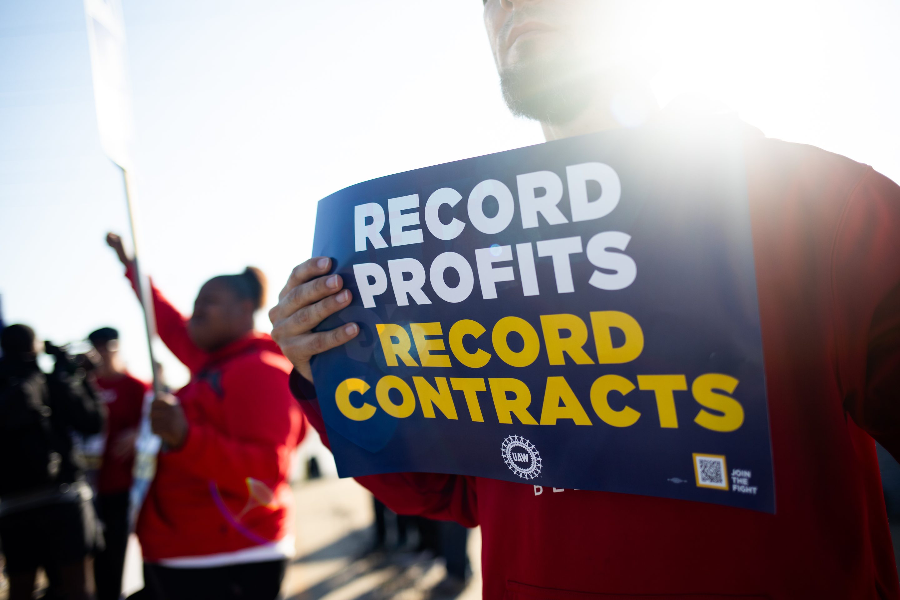 United Auto Workers members on a picket line outside a Ford factory in Wayne, Mich.