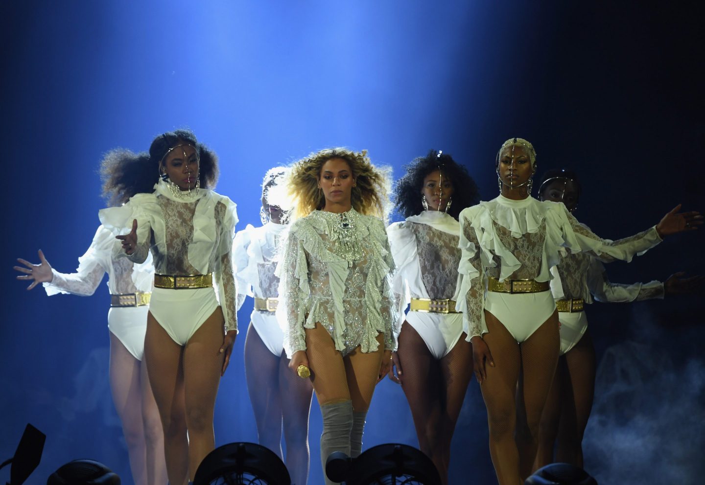 Beyoncé wearing a custom lace bodysuit by Balmain while performing in Houston.