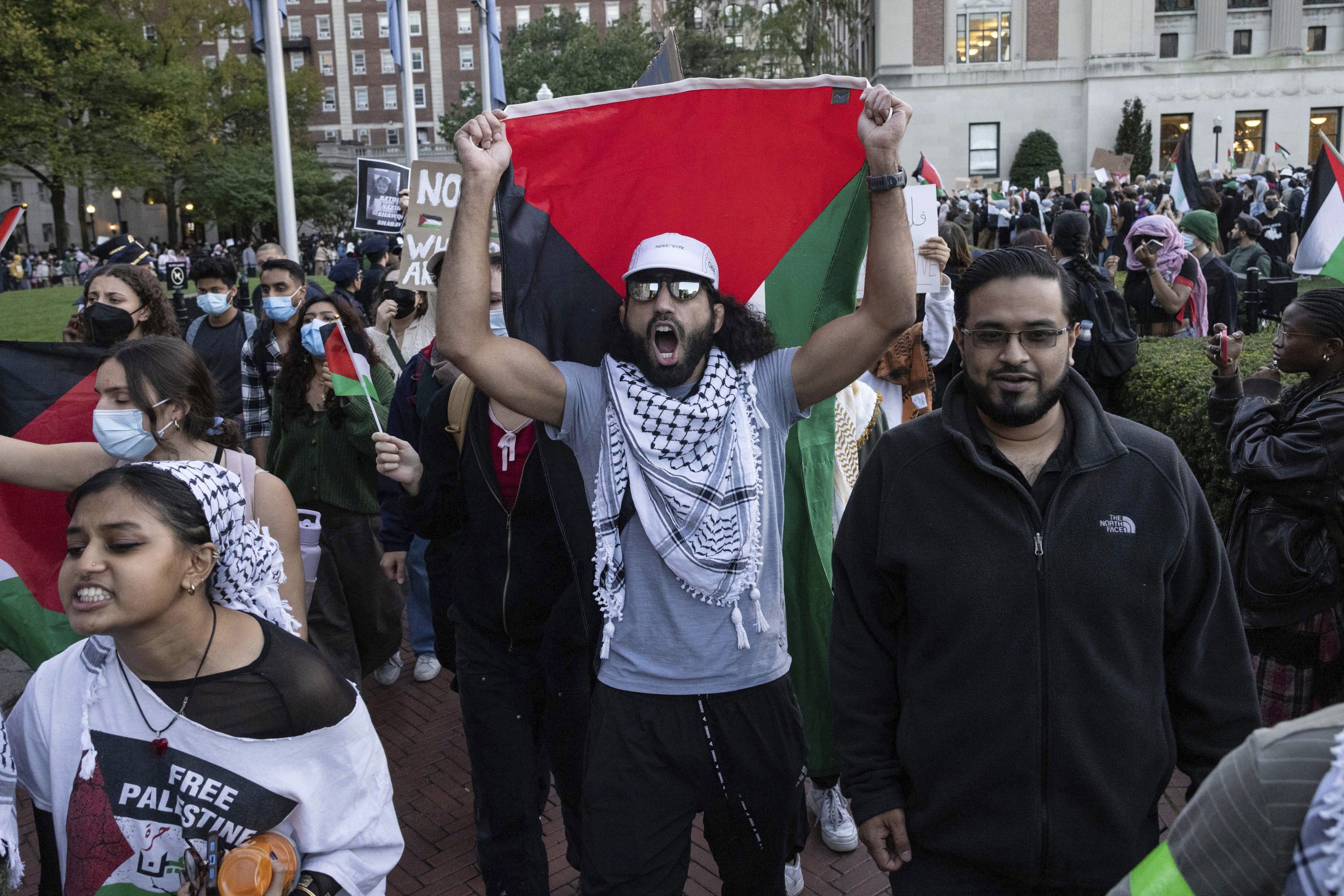 Palestinian supporters chant as they march during a protest at Columbia University, Thursday, Oct. 12, 2023, in New York.